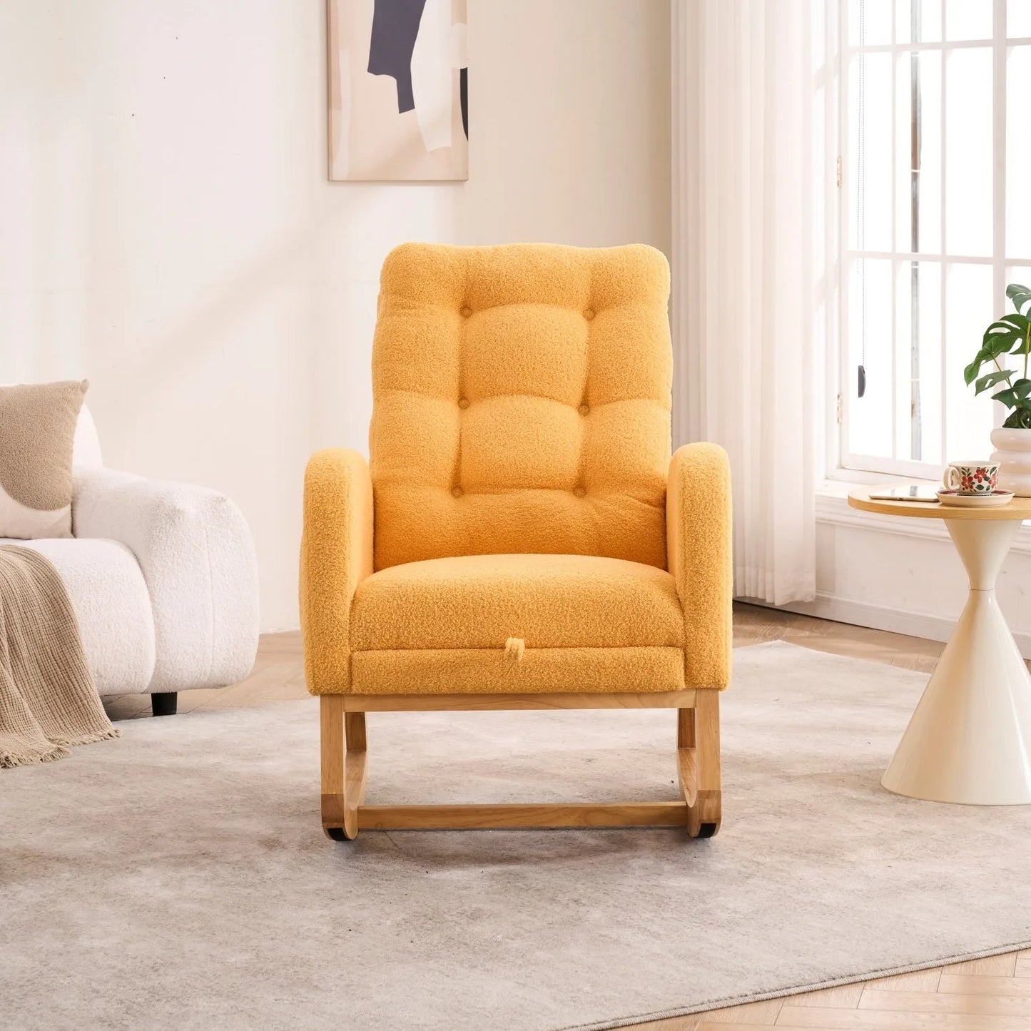 Caramel Accent Rocking Chair with Footrest High Back Rubber Wood Rocking Legs Bedroom Living Space 26.77D X 38.36W X 39.76H Inch detail view 31