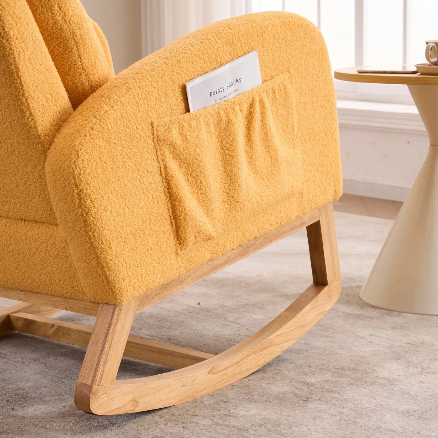 Caramel Accent Rocking Chair with Footrest High Back Rubber Wood Rocking Legs Bedroom Living Space 26.77D X 38.36W X 39.76H Inch detail view 35