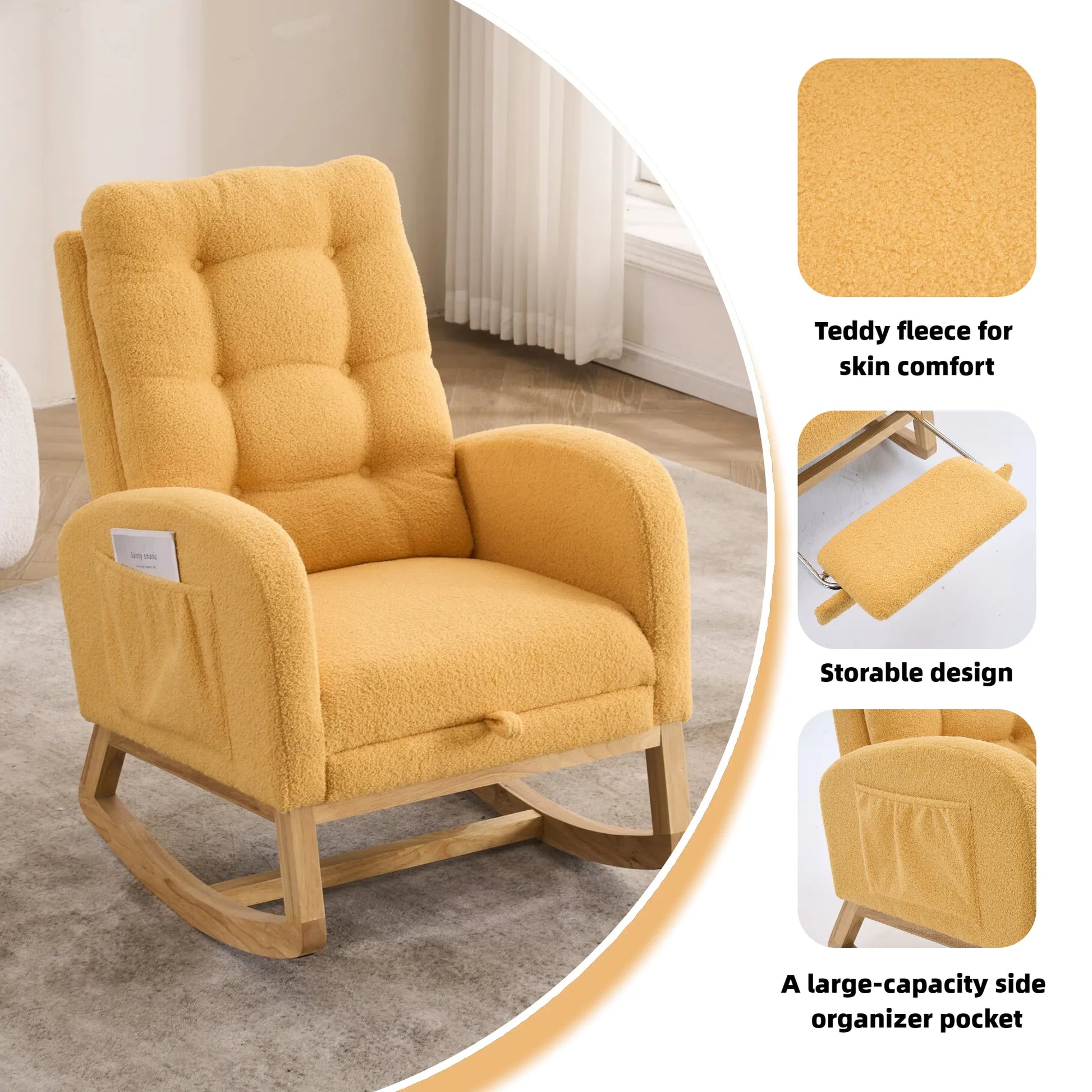 Caramel Accent Rocking Chair with Footrest High Back Rubber Wood Rocking Legs Bedroom Living Space 26.77D X 38.36W X 39.76H Inch detail view 36