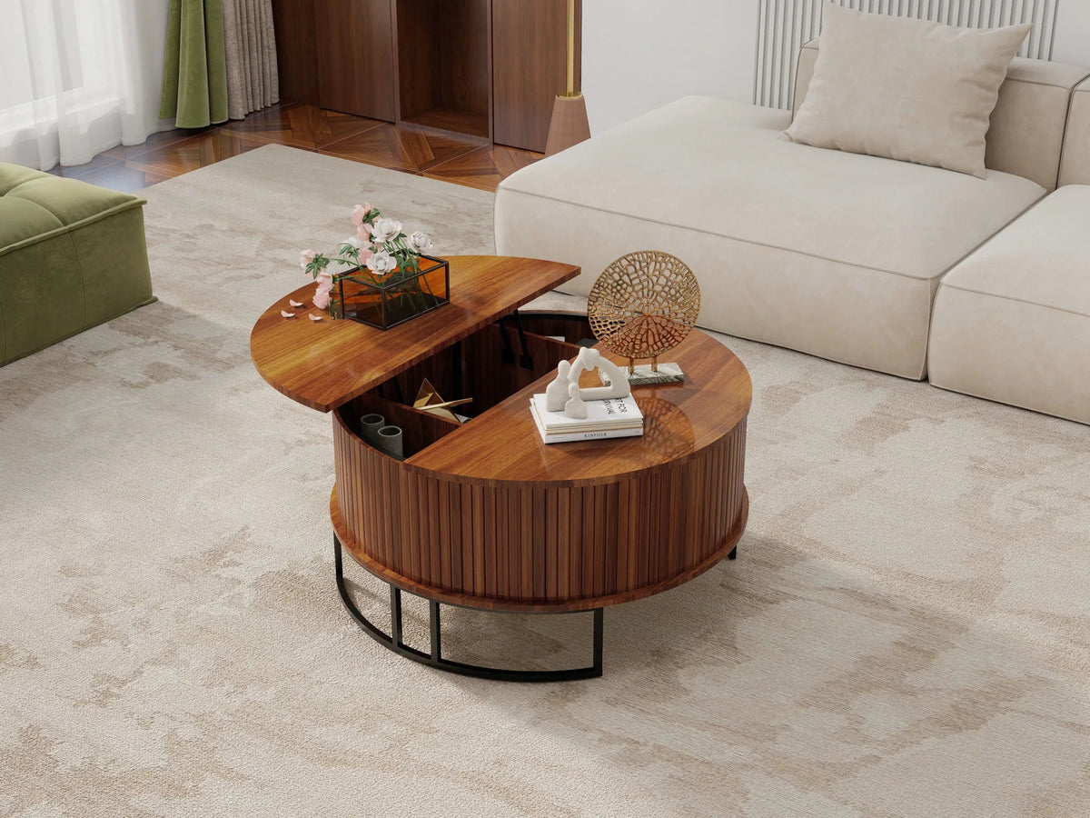 31.5-Inch Fluted Lift-Top Round Coffee Table with Storage, Walnut