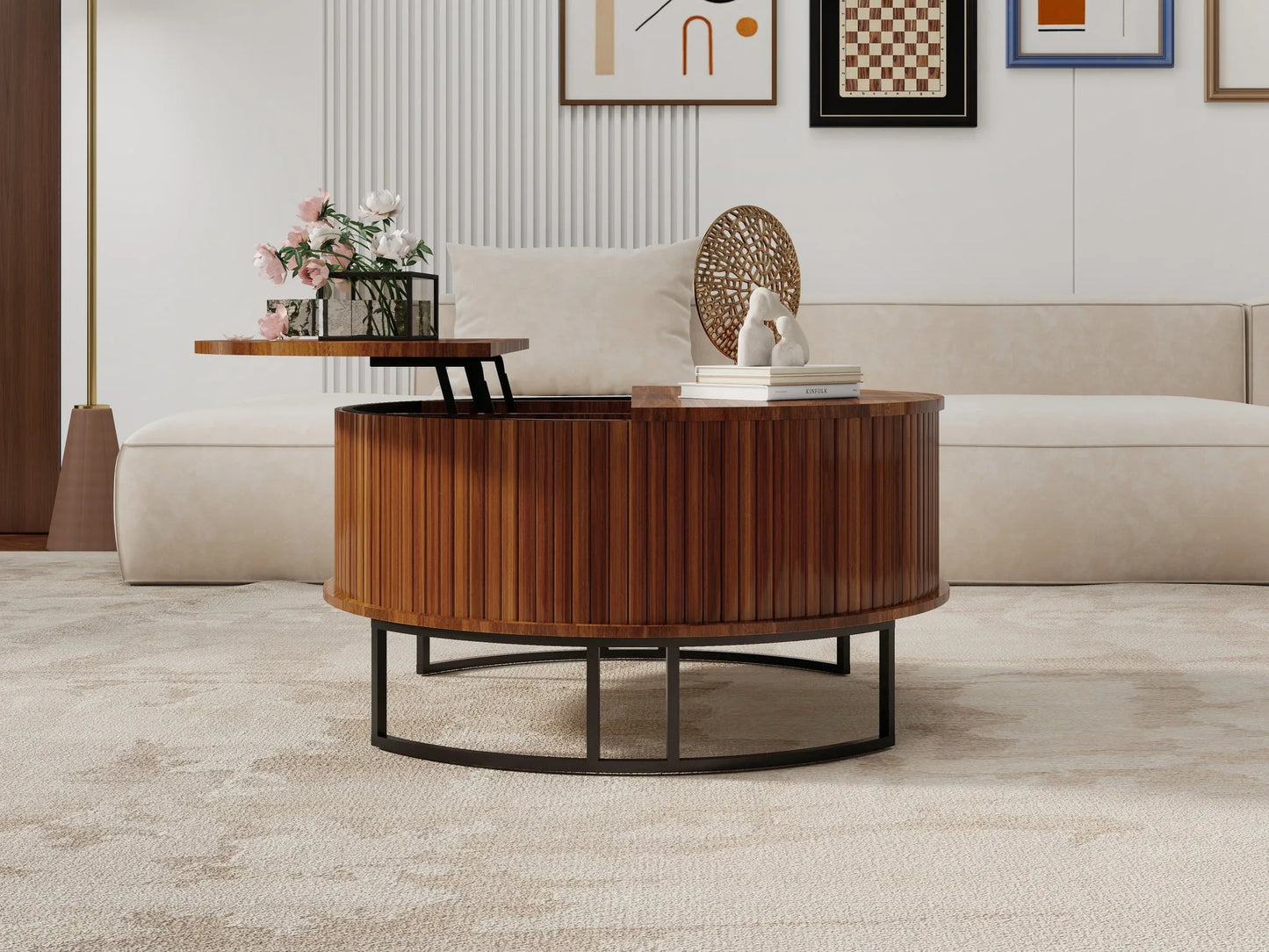 31.5' Round Coffee Table with Storage, Fluted Lift Top Center Table, Midcentury Modern Flip-top Curved Table for Living Room, Walnut detail view 2