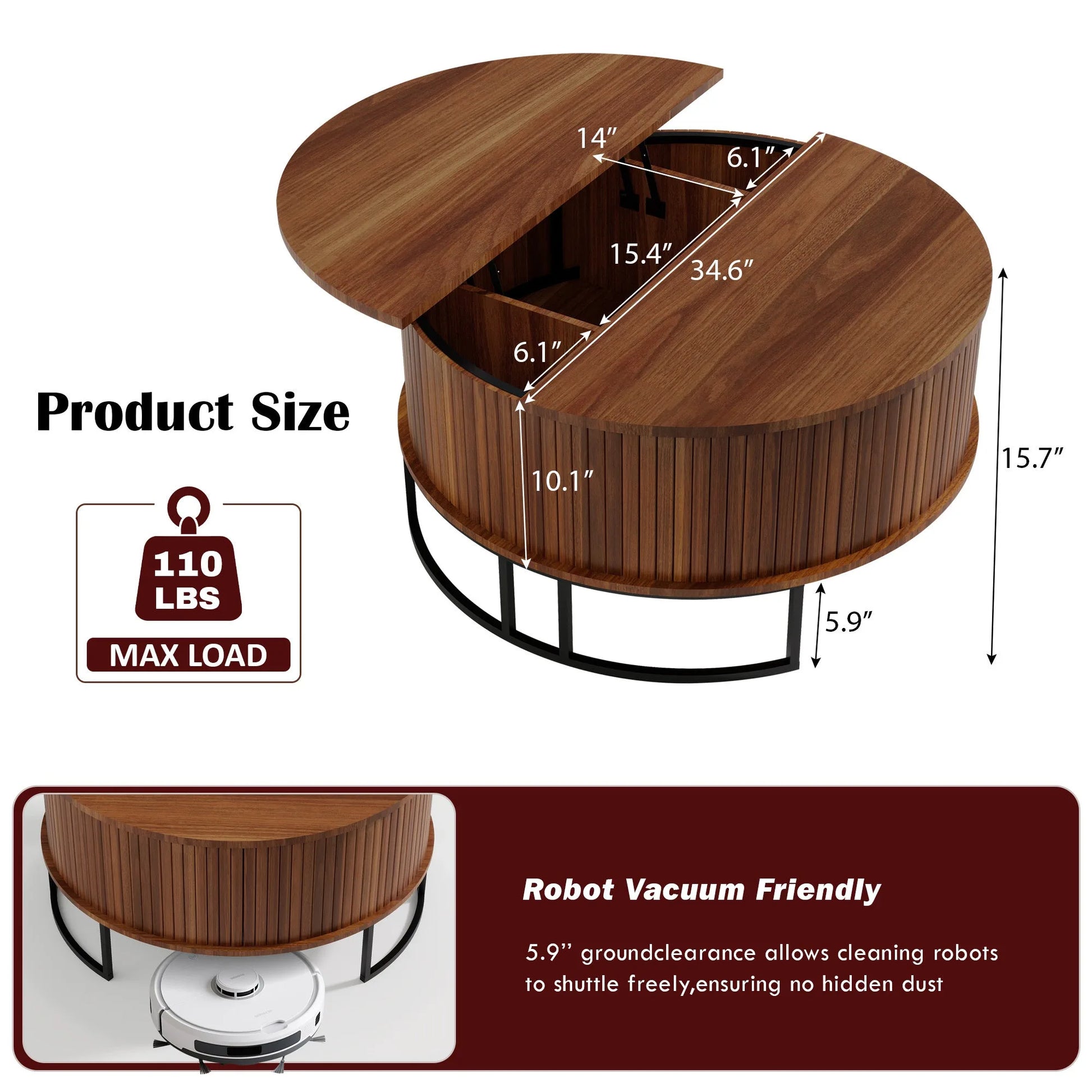 31.5' Round Coffee Table with Storage, Fluted Lift Top Center Table, Midcentury Modern Flip-top Curved Table for Living Room, Walnut detail view 3