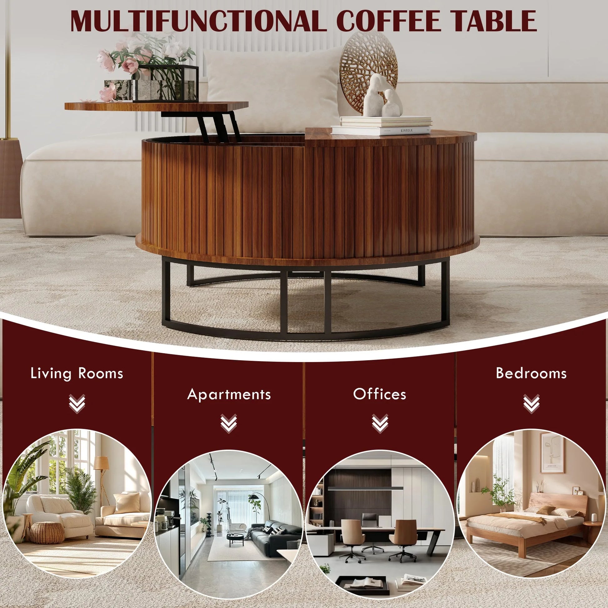 31.5' Round Coffee Table with Storage, Fluted Lift Top Center Table, Midcentury Modern Flip-top Curved Table for Living Room, Walnut detail view 4