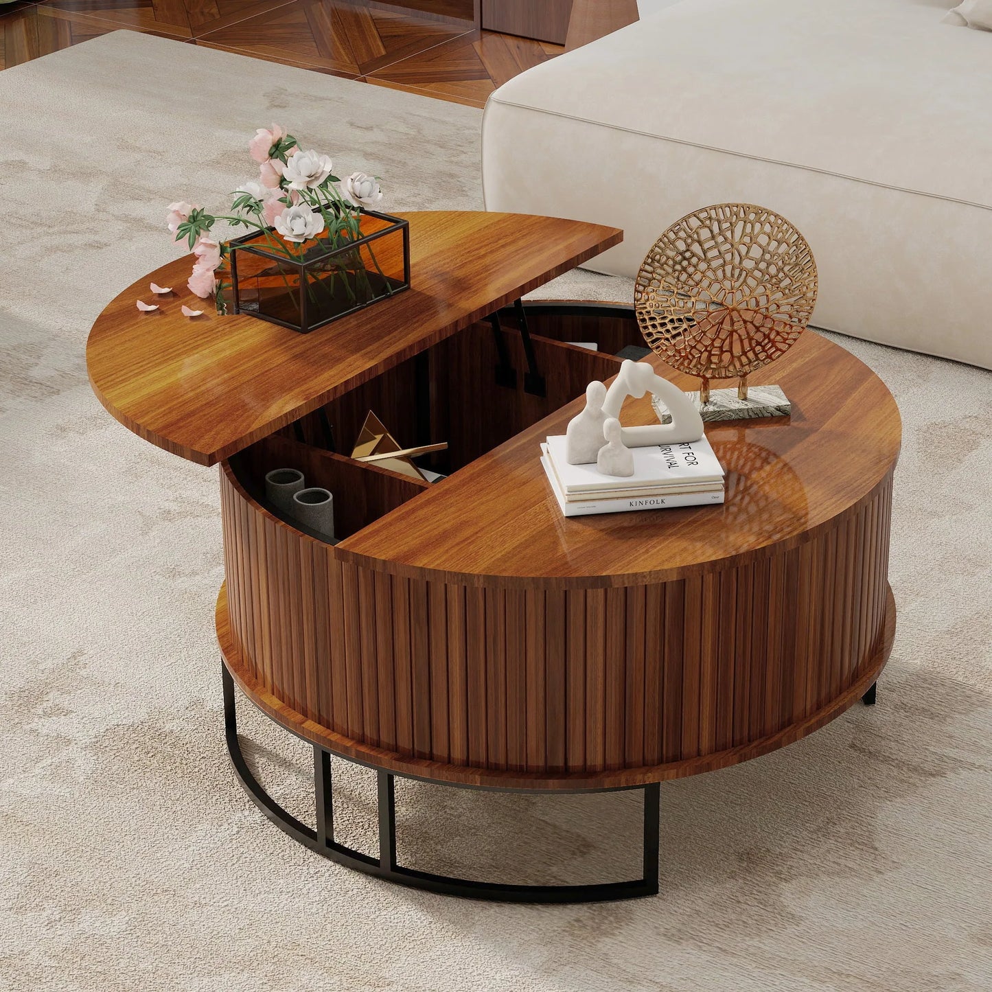 31.5' Round Coffee Table with Storage, Fluted Lift Top Center Table, Midcentury Modern Flip-top Curved Table for Living Room, Walnut detail view 5