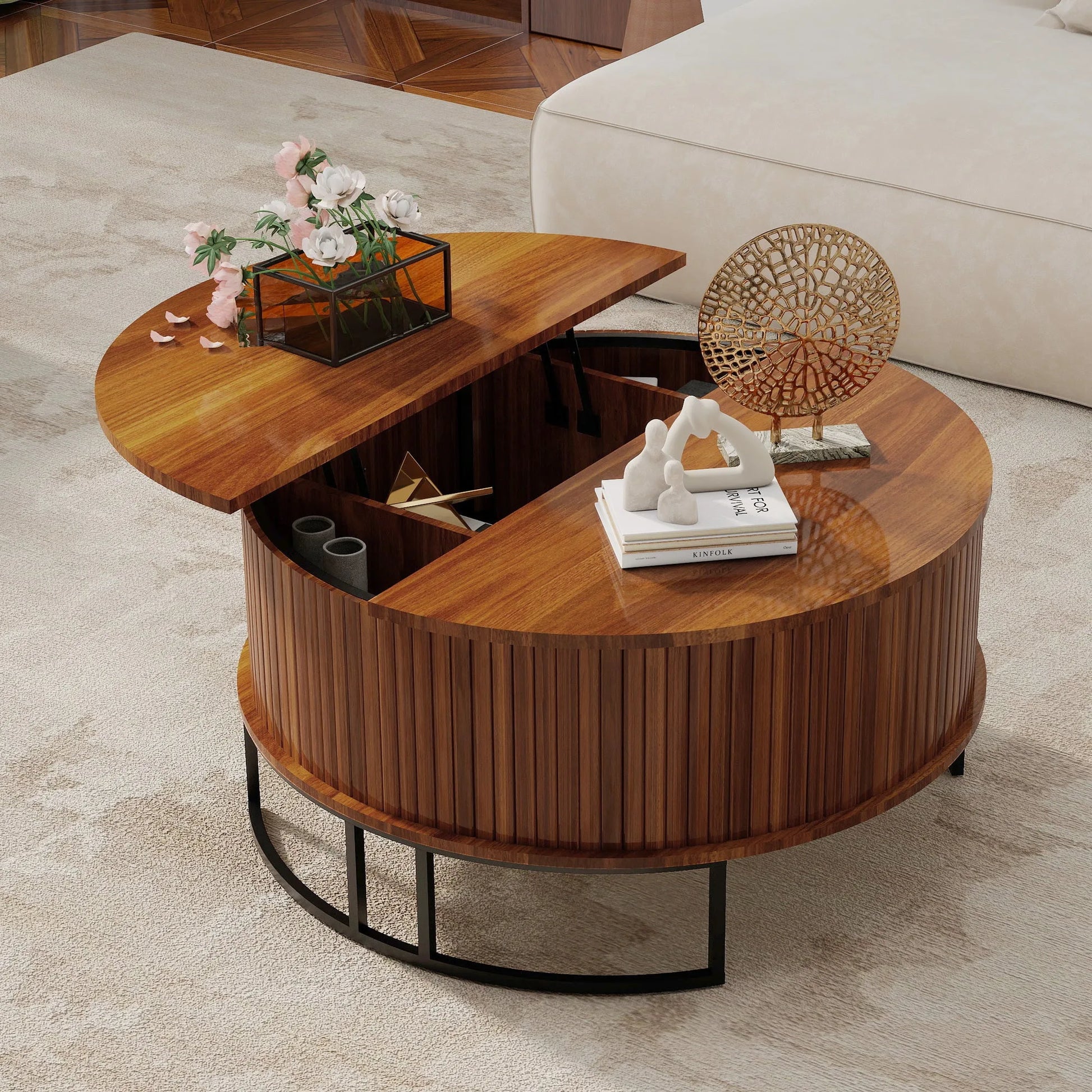 31.5' Round Coffee Table with Storage, Fluted Lift Top Center Table, Midcentury Modern Flip-top Curved Table for Living Room, Walnut detail view 5