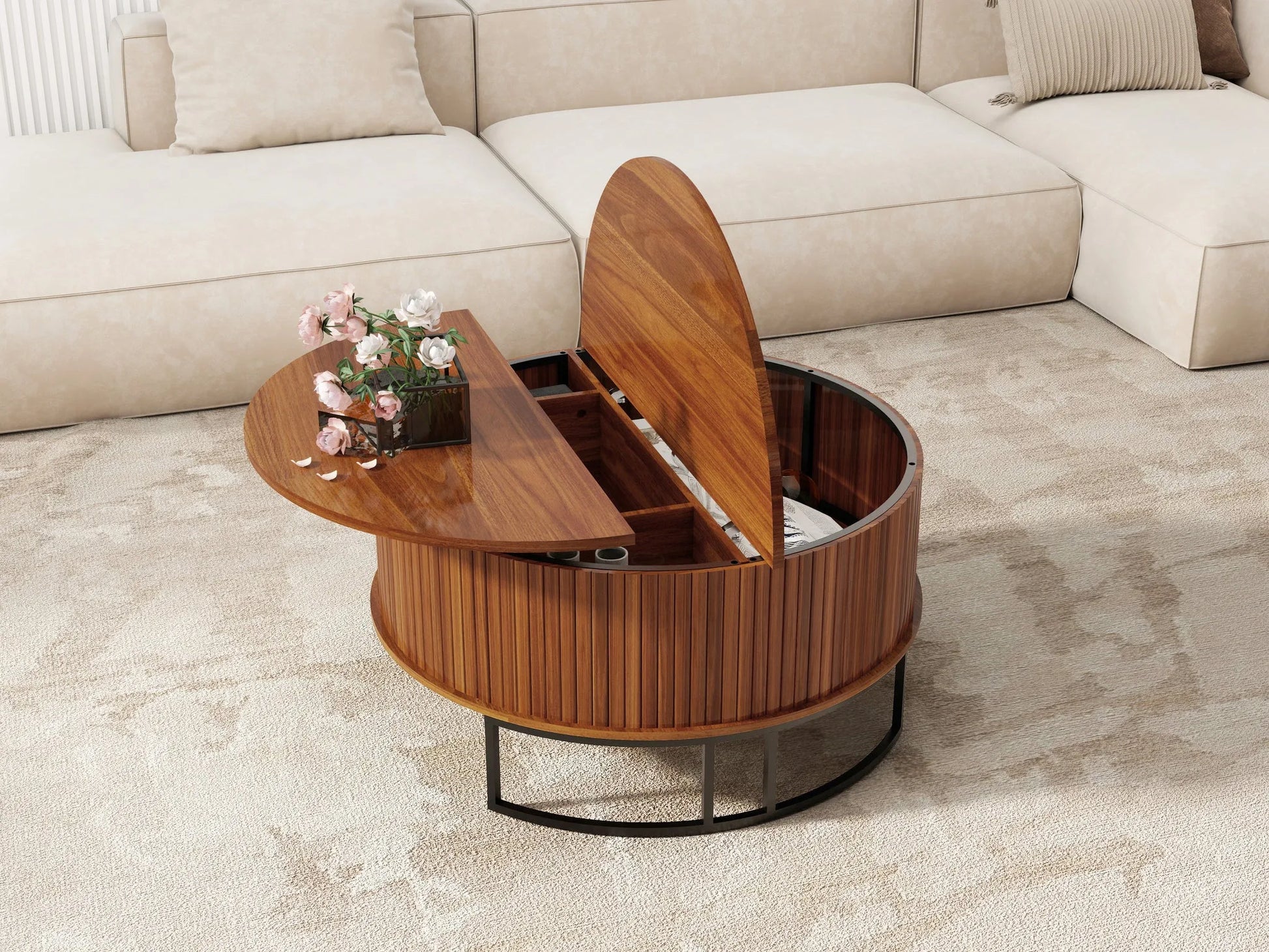 31.5' Round Coffee Table with Storage, Fluted Lift Top Center Table, Midcentury Modern Flip-top Curved Table for Living Room, Walnut detail view 6