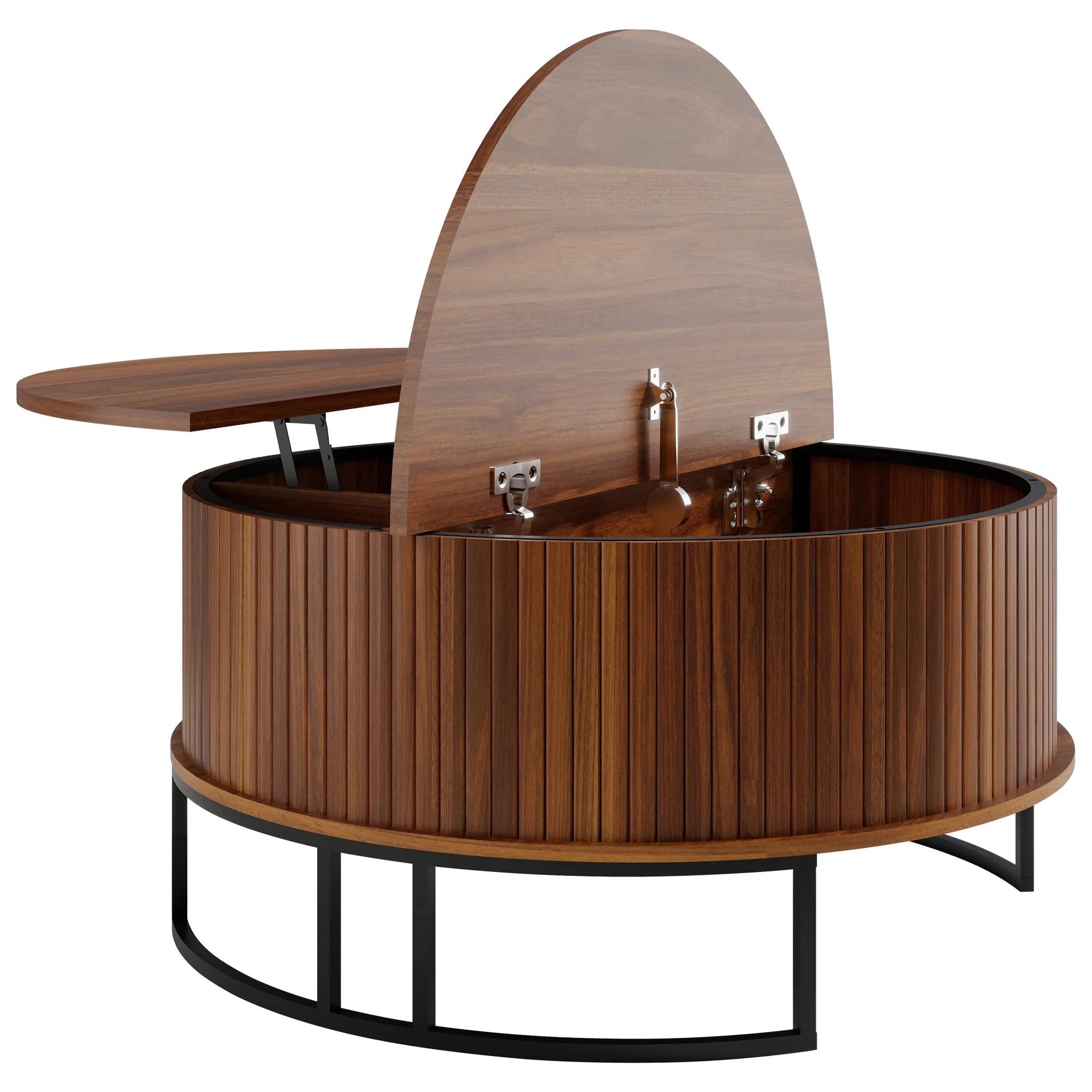 31.5' Round Coffee Table with Storage, Fluted Lift Top Center Table, Midcentury Modern Flip-top Curved Table for Living Room, Walnut detail view 10