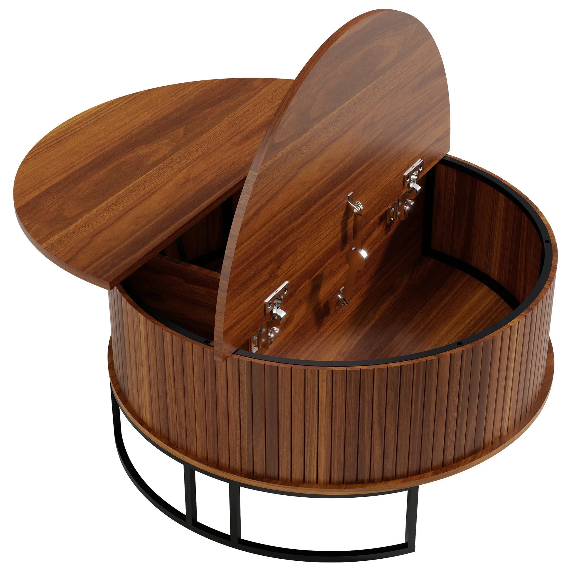 31.5' Round Coffee Table with Storage, Fluted Lift Top Center Table, Midcentury Modern Flip-top Curved Table for Living Room, Walnut detail view 11