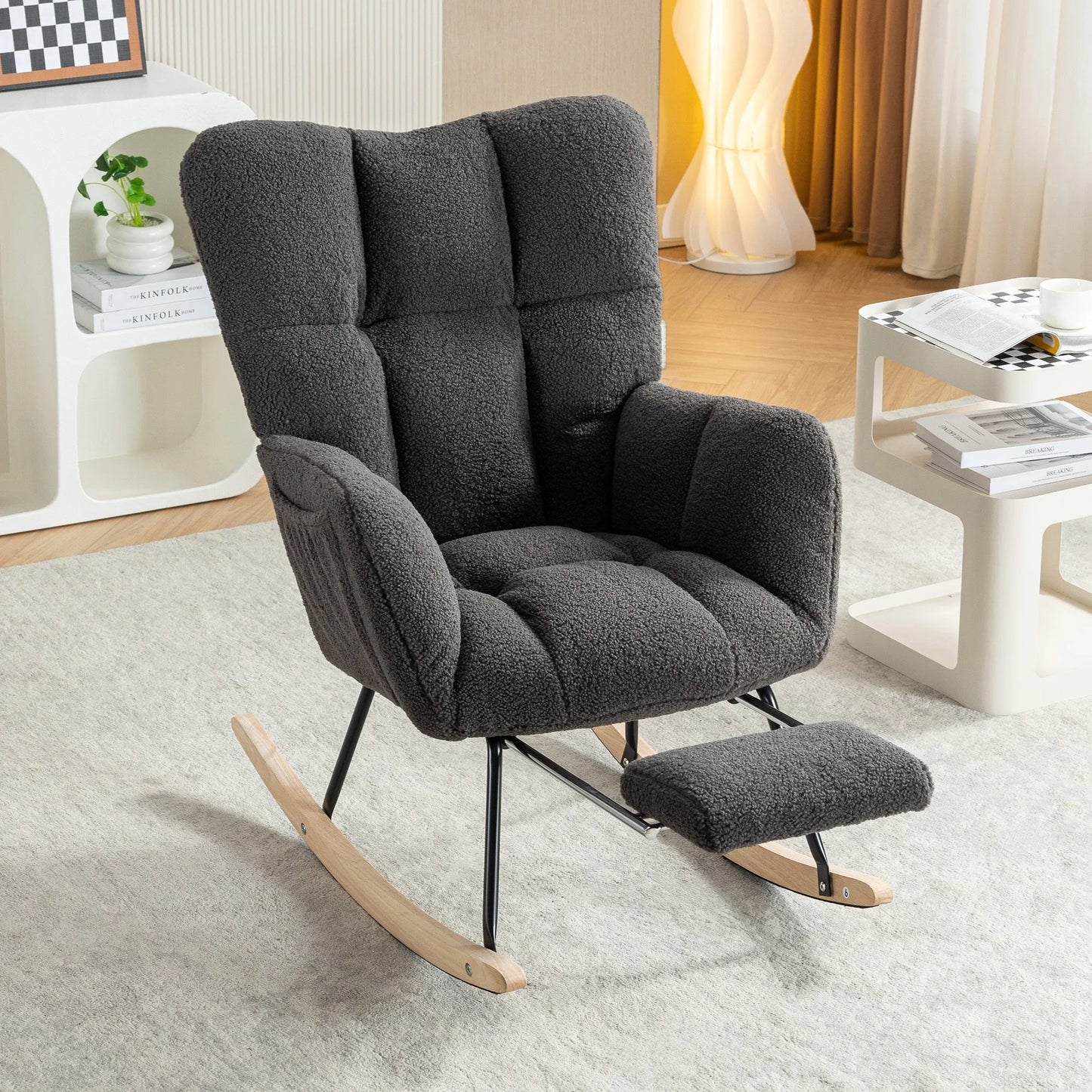 Teddy Fabric Leisure Rocking Chair With Adjustable Footstool, Nursery Rocking Chair, High Backrest, Storage Pocket On The Right Side, The Base Rocker Is Solid Wood And Metal, Dark Gray lifestyle view