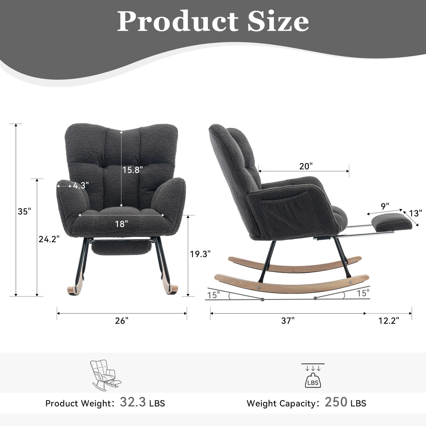 Teddy Fabric Leisure Rocking Chair With Adjustable Footstool, Nursery Rocking Chair, High Backrest, Storage Pocket On The Right Side, The Base Rocker Is Solid Wood And Metal, Dark Gray detail view 2