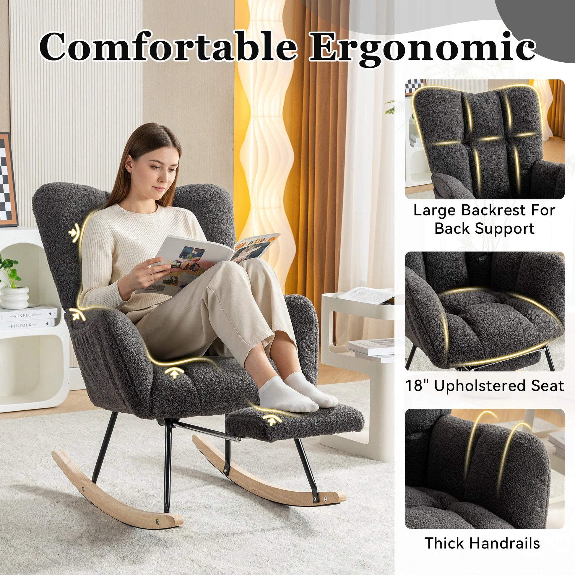 Teddy Fabric Leisure Rocking Chair With Adjustable Footstool, Nursery Rocking Chair, High Backrest, Storage Pocket On The Right Side, The Base Rocker Is Solid Wood And Metal, Dark Gray detail view 4