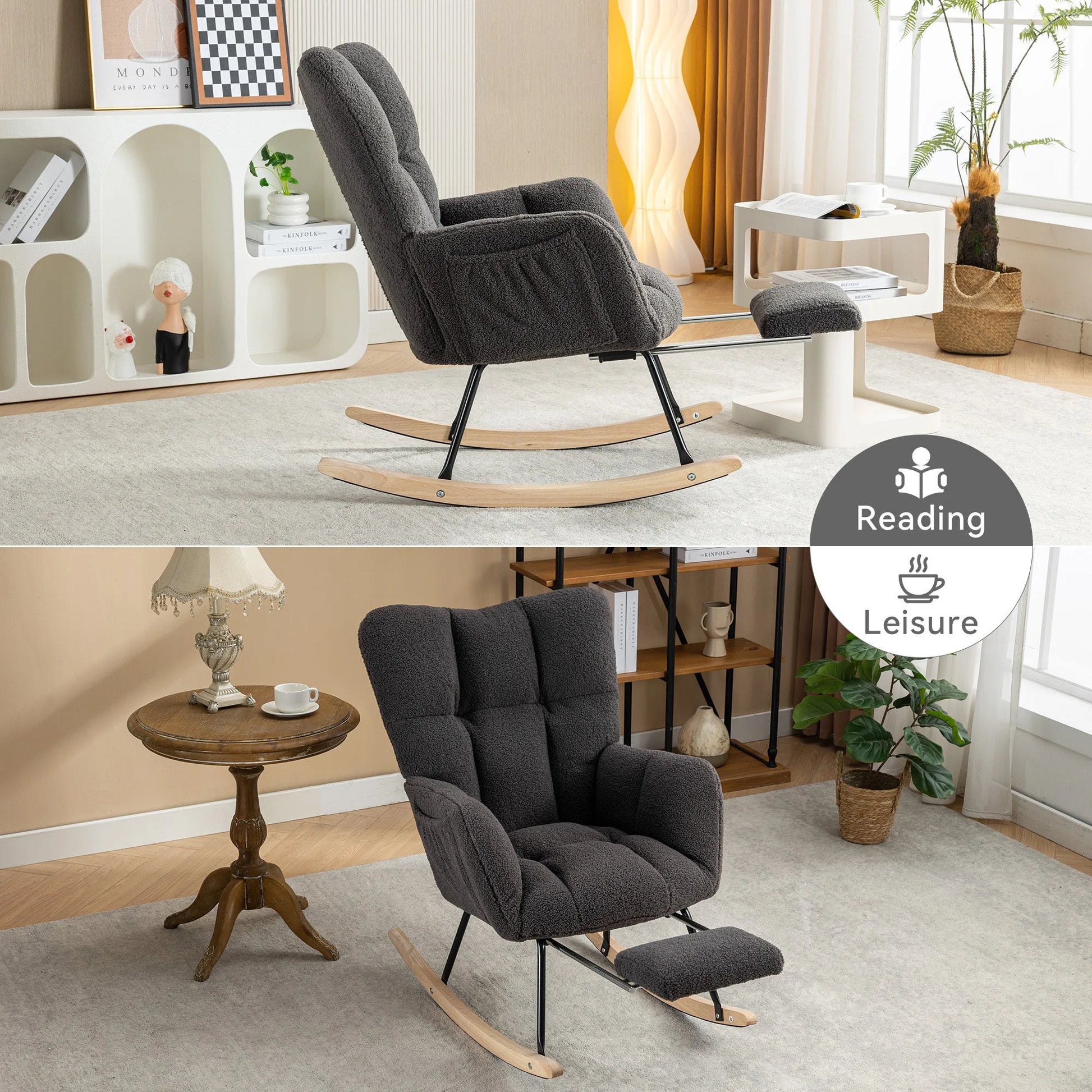 Teddy Fabric Leisure Rocking Chair With Adjustable Footstool, Nursery Rocking Chair, High Backrest, Storage Pocket On The Right Side, The Base Rocker Is Solid Wood And Metal, Dark Gray detail view 6