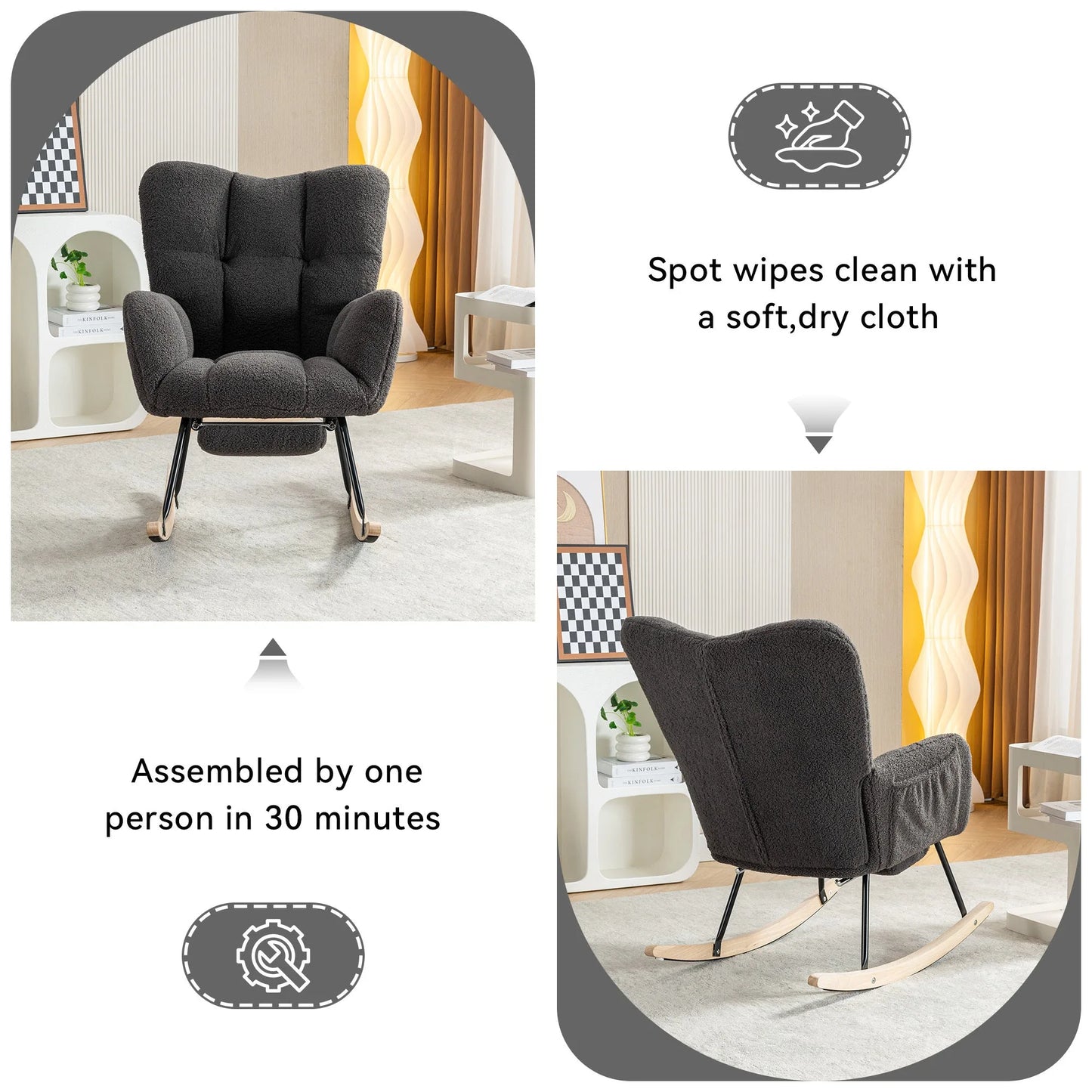 Teddy Fabric Leisure Rocking Chair With Adjustable Footstool, Nursery Rocking Chair, High Backrest, Storage Pocket On The Right Side, The Base Rocker Is Solid Wood And Metal, Dark Gray detail view 7