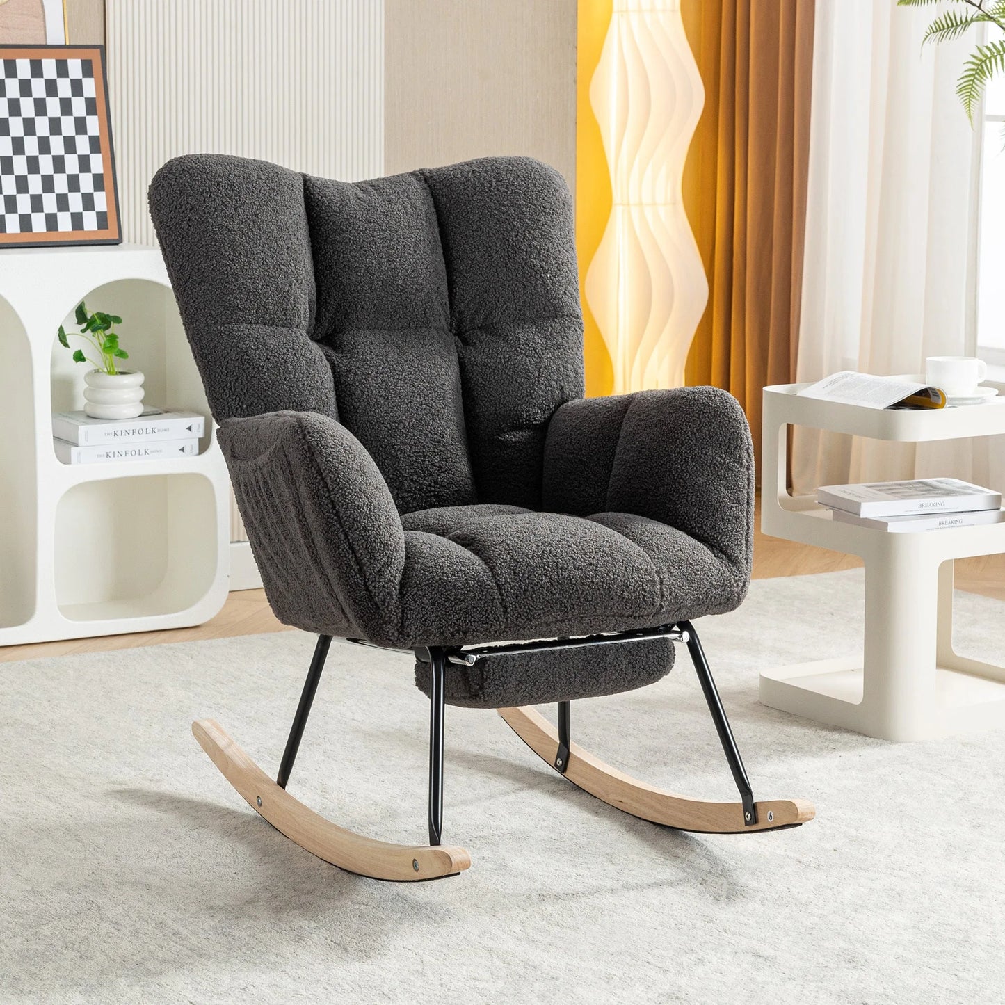 Teddy Fabric Leisure Rocking Chair With Adjustable Footstool, Nursery Rocking Chair, High Backrest, Storage Pocket On The Right Side, The Base Rocker Is Solid Wood And Metal, Dark Gray detail view 8