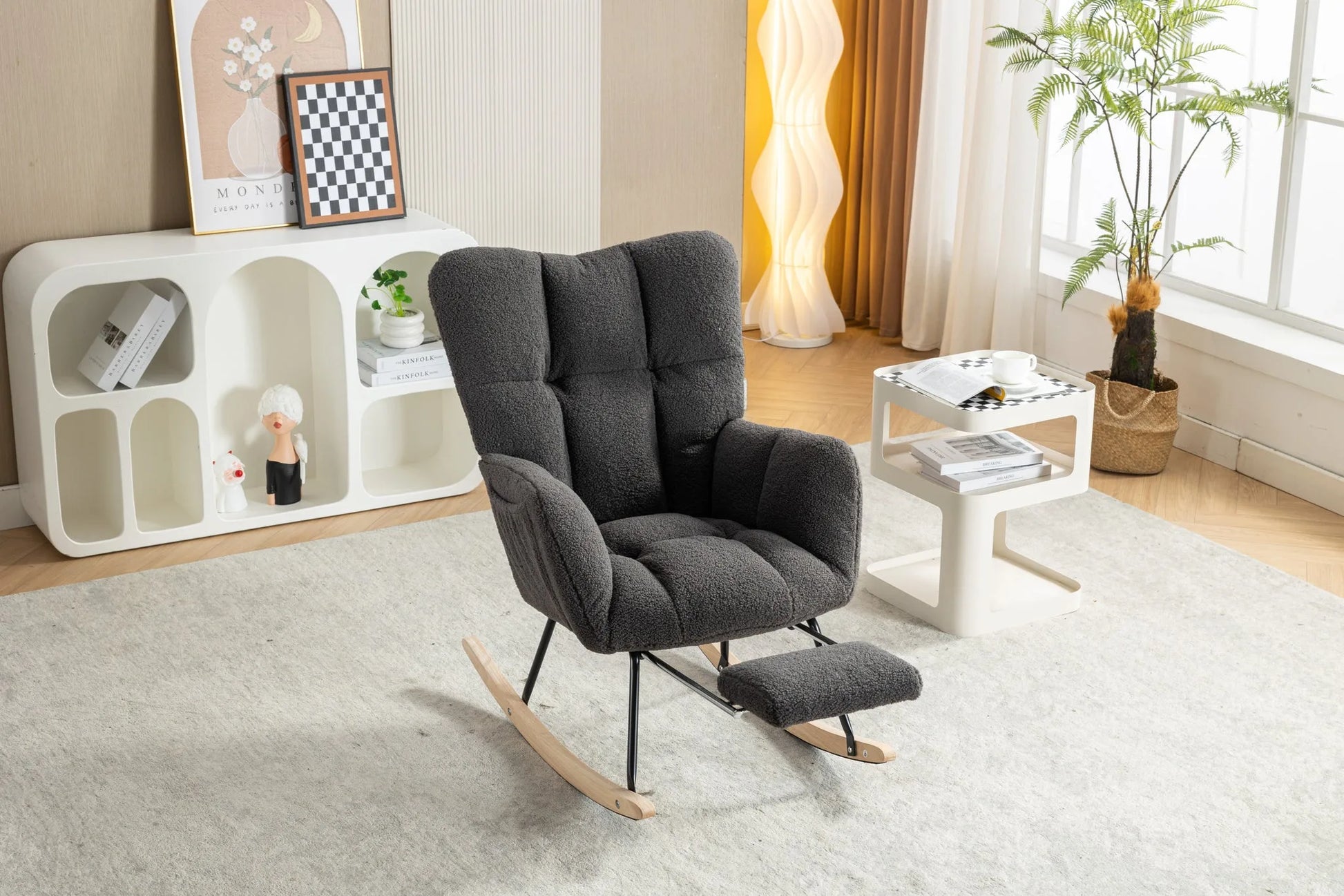 Teddy Fabric Leisure Rocking Chair With Adjustable Footstool, Nursery Rocking Chair, High Backrest, Storage Pocket On The Right Side, The Base Rocker Is Solid Wood And Metal, Dark Gray detail view 9