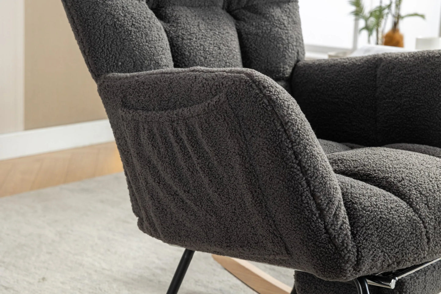 Teddy Fabric Leisure Rocking Chair With Adjustable Footstool, Nursery Rocking Chair, High Backrest, Storage Pocket On The Right Side, The Base Rocker Is Solid Wood And Metal, Dark Gray detail view 10