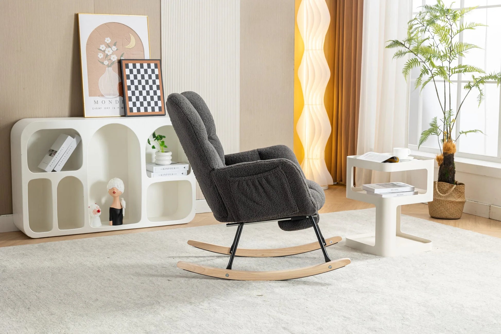 Teddy Fabric Leisure Rocking Chair With Adjustable Footstool, Nursery Rocking Chair, High Backrest, Storage Pocket On The Right Side, The Base Rocker Is Solid Wood And Metal, Dark Gray detail view 11