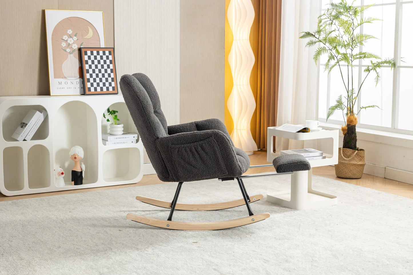 Teddy Fabric Leisure Rocking Chair With Adjustable Footstool, Nursery Rocking Chair, High Backrest, Storage Pocket On The Right Side, The Base Rocker Is Solid Wood And Metal, Dark Gray detail view 12