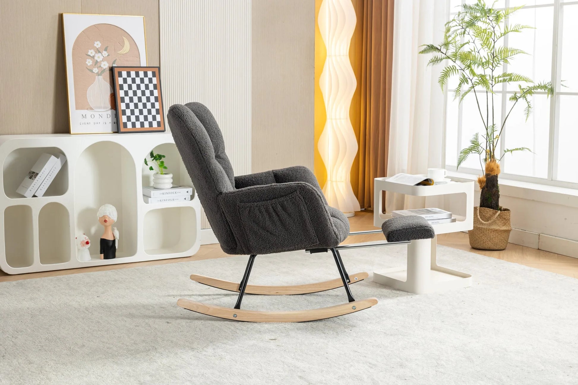 Teddy Fabric Leisure Rocking Chair With Adjustable Footstool, Nursery Rocking Chair, High Backrest, Storage Pocket On The Right Side, The Base Rocker Is Solid Wood And Metal, Dark Gray detail view 12