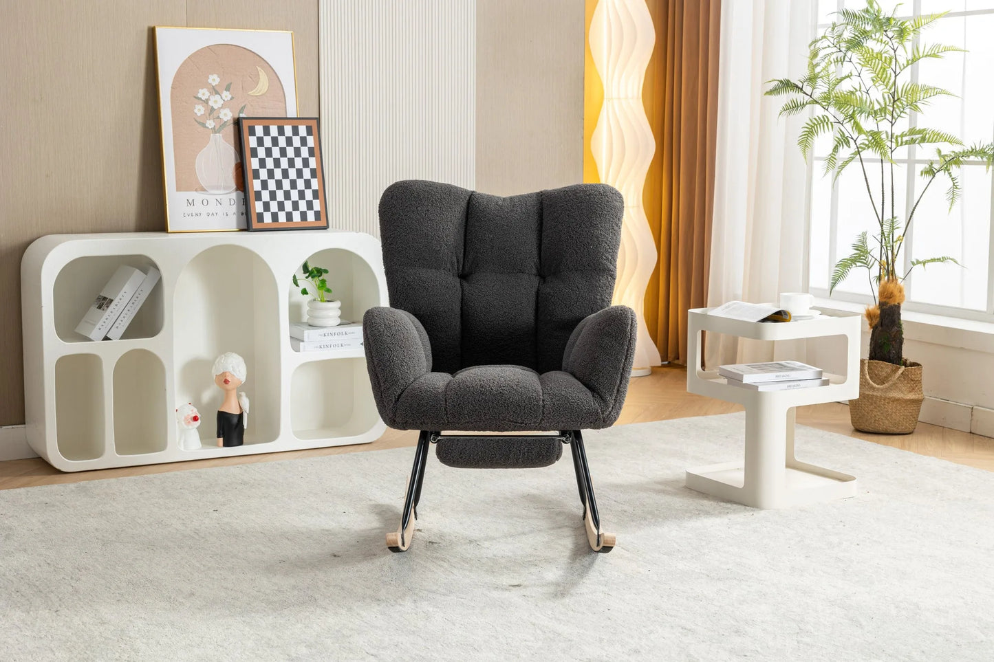 Teddy Fabric Leisure Rocking Chair With Adjustable Footstool, Nursery Rocking Chair, High Backrest, Storage Pocket On The Right Side, The Base Rocker Is Solid Wood And Metal, Dark Gray detail view 13