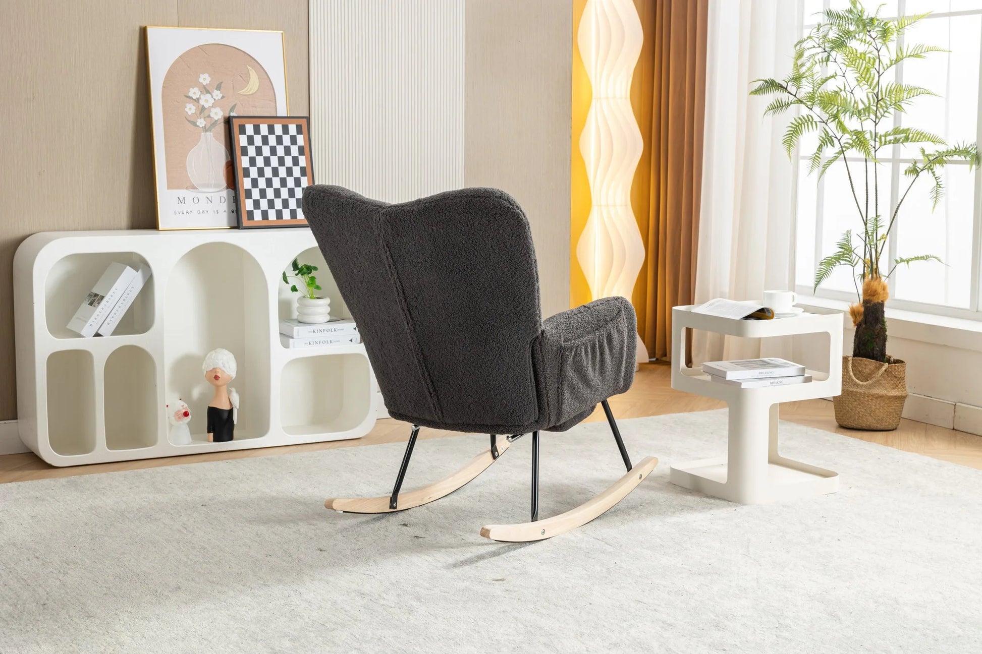 Teddy Fabric Leisure Rocking Chair With Adjustable Footstool, Nursery Rocking Chair, High Backrest, Storage Pocket On The Right Side, The Base Rocker Is Solid Wood And Metal, Dark Gray detail view 14