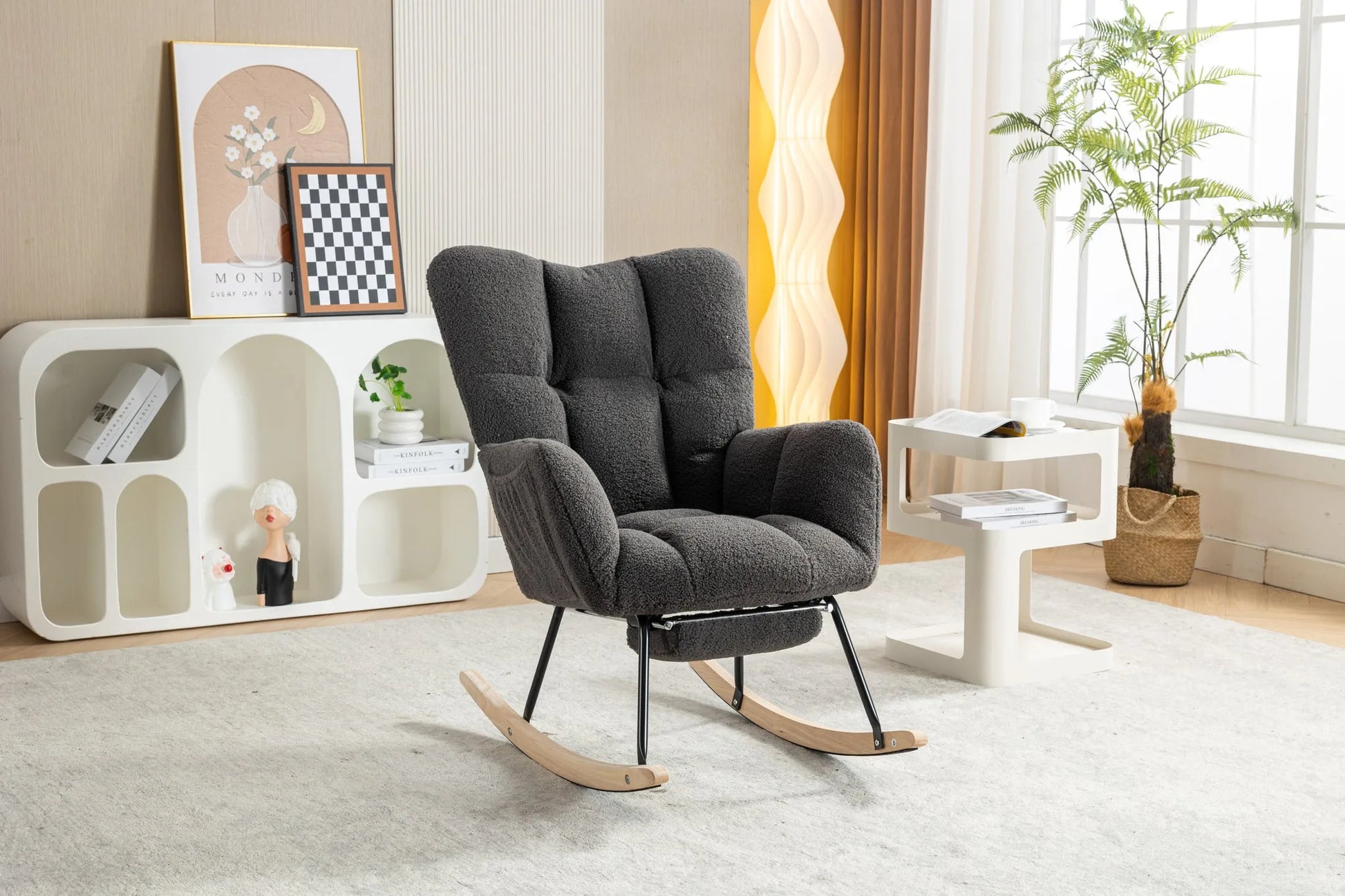 Teddy Fabric Leisure Rocking Chair With Adjustable Footstool, Nursery Rocking Chair, High Backrest, Storage Pocket On The Right Side, The Base Rocker Is Solid Wood And Metal, Dark Gray detail view 15