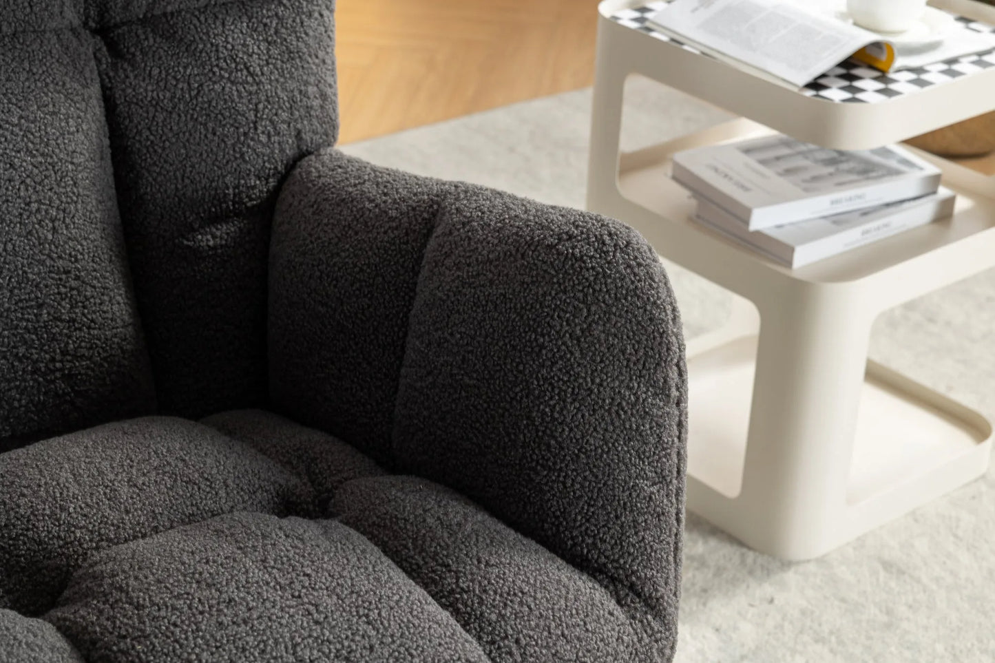 Teddy Fabric Leisure Rocking Chair With Adjustable Footstool, Nursery Rocking Chair, High Backrest, Storage Pocket On The Right Side, The Base Rocker Is Solid Wood And Metal, Dark Gray detail view 16