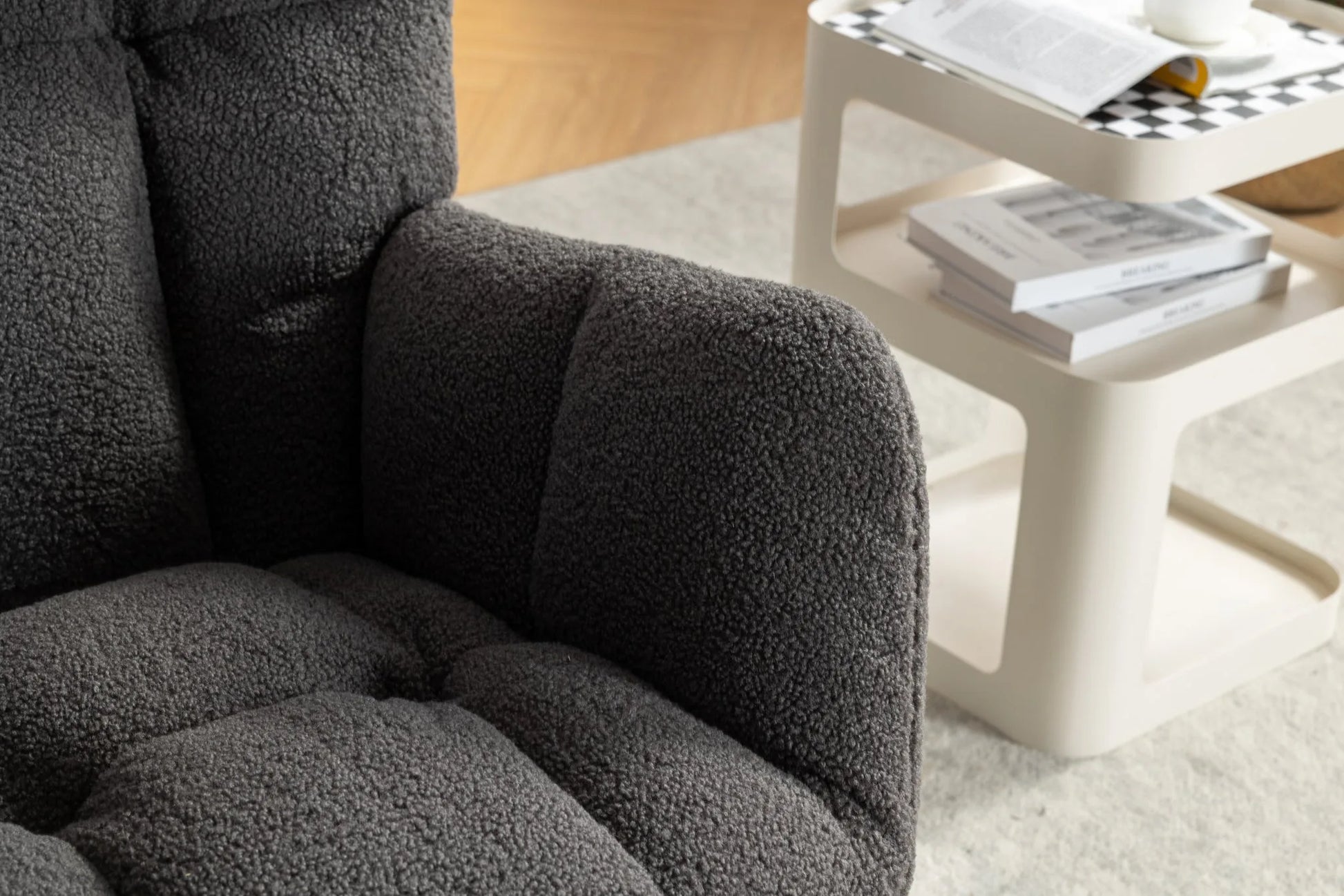 Teddy Fabric Leisure Rocking Chair With Adjustable Footstool, Nursery Rocking Chair, High Backrest, Storage Pocket On The Right Side, The Base Rocker Is Solid Wood And Metal, Dark Gray detail view 16