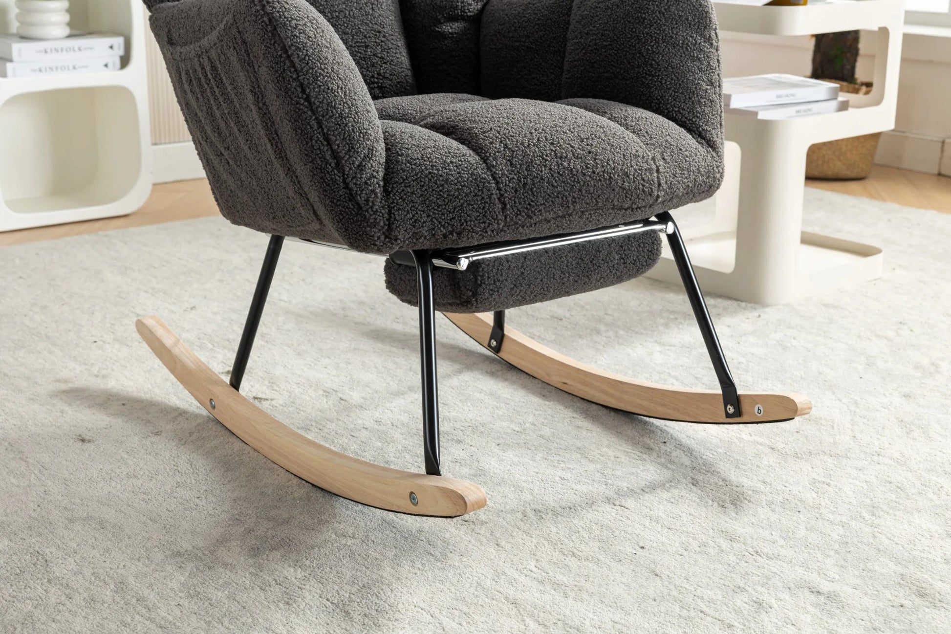 Teddy Fabric Leisure Rocking Chair With Adjustable Footstool, Nursery Rocking Chair, High Backrest, Storage Pocket On The Right Side, The Base Rocker Is Solid Wood And Metal, Dark Gray detail view 17