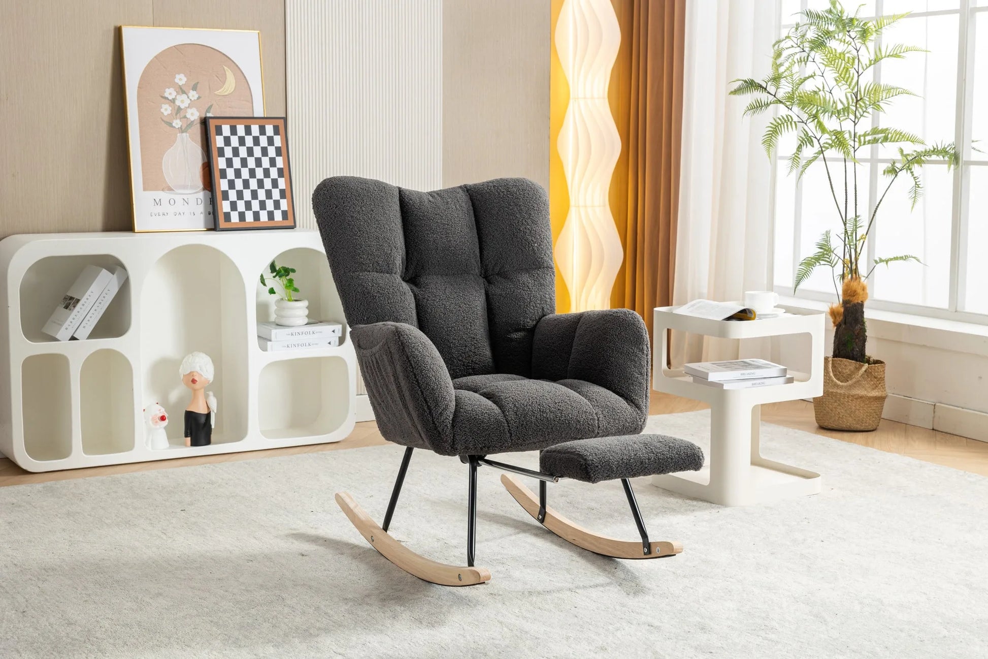 Teddy Fabric Leisure Rocking Chair With Adjustable Footstool, Nursery Rocking Chair, High Backrest, Storage Pocket On The Right Side, The Base Rocker Is Solid Wood And Metal, Dark Gray detail view 18