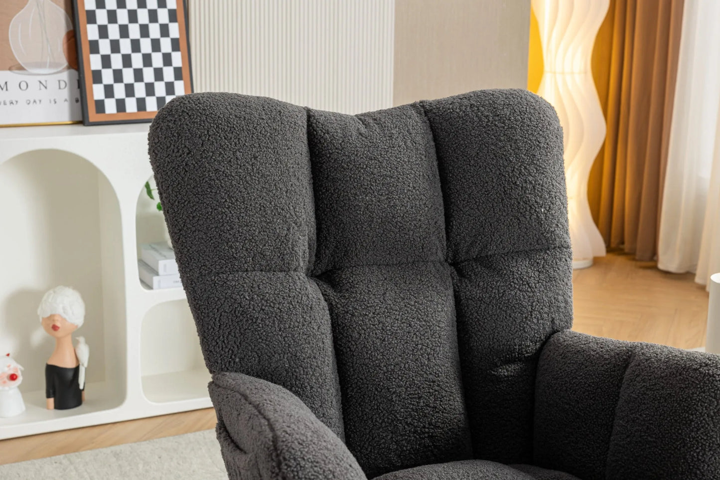 Teddy Fabric Leisure Rocking Chair With Adjustable Footstool, Nursery Rocking Chair, High Backrest, Storage Pocket On The Right Side, The Base Rocker Is Solid Wood And Metal, Dark Gray detail view 19