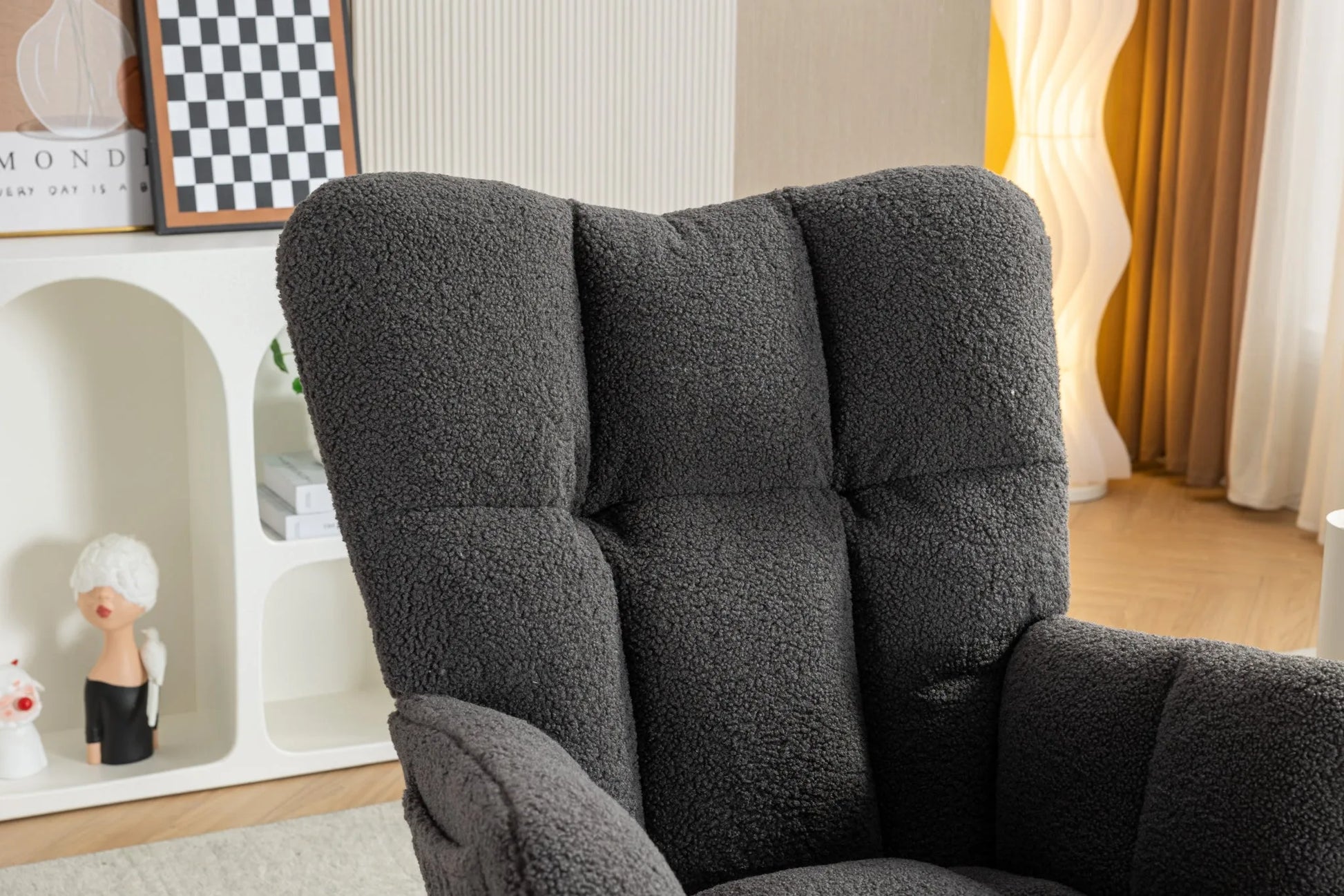 Teddy Fabric Leisure Rocking Chair With Adjustable Footstool, Nursery Rocking Chair, High Backrest, Storage Pocket On The Right Side, The Base Rocker Is Solid Wood And Metal, Dark Gray detail view 19