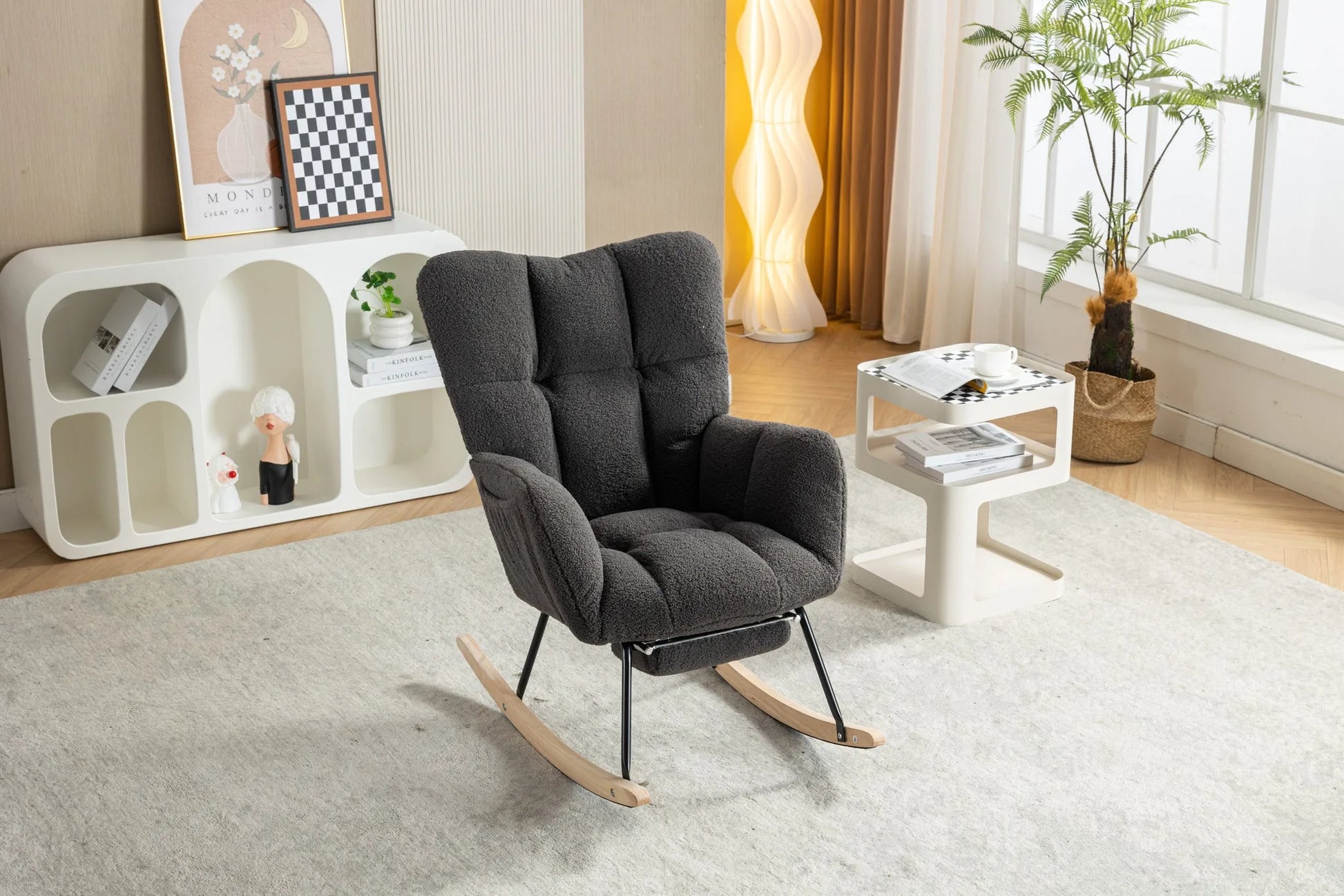 Teddy Fabric Leisure Rocking Chair With Adjustable Footstool, Nursery Rocking Chair, High Backrest, Storage Pocket On The Right Side, The Base Rocker Is Solid Wood And Metal, Dark Gray detail view 21