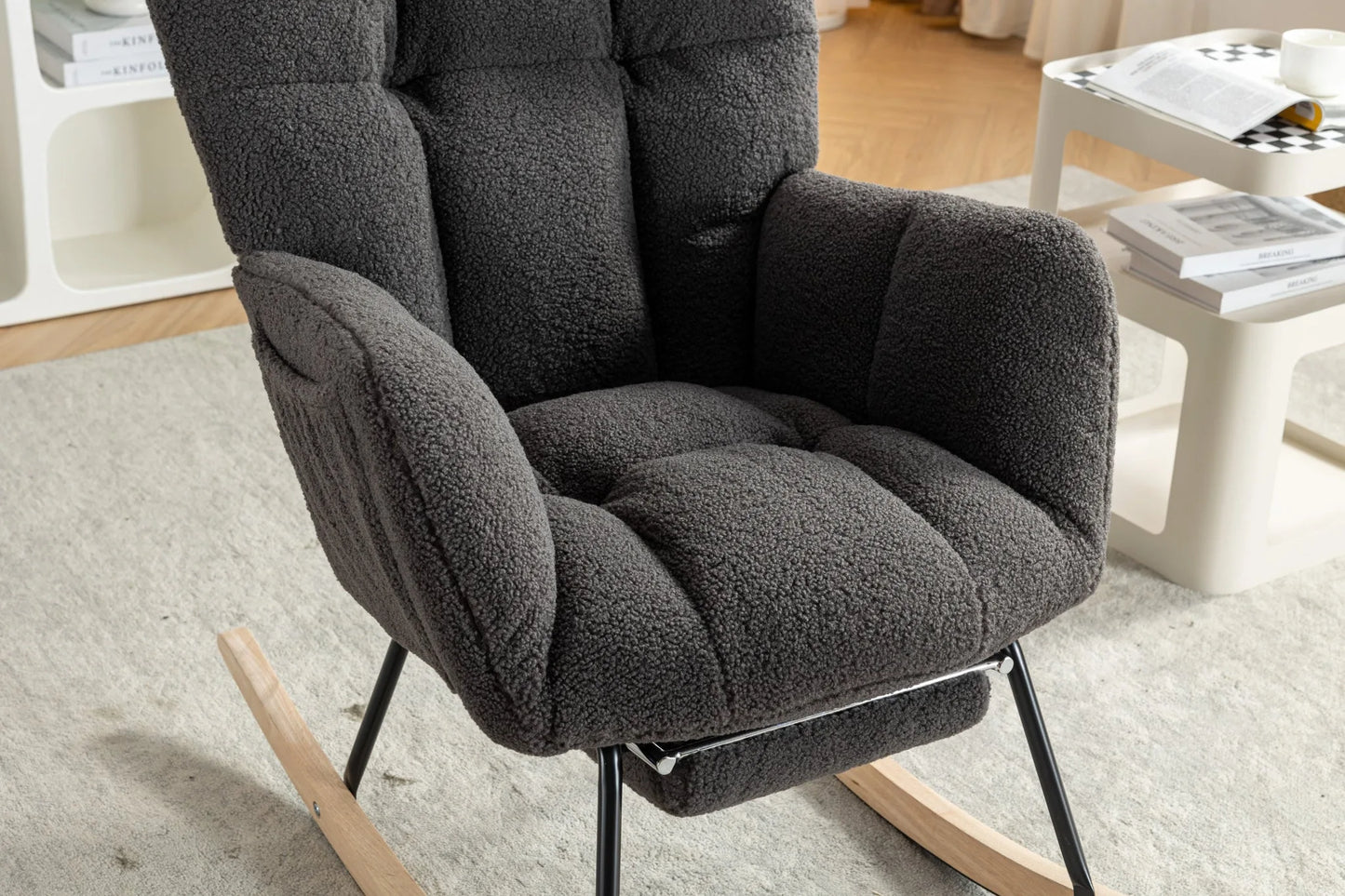 Teddy Fabric Leisure Rocking Chair With Adjustable Footstool, Nursery Rocking Chair, High Backrest, Storage Pocket On The Right Side, The Base Rocker Is Solid Wood And Metal, Dark Gray detail view 22