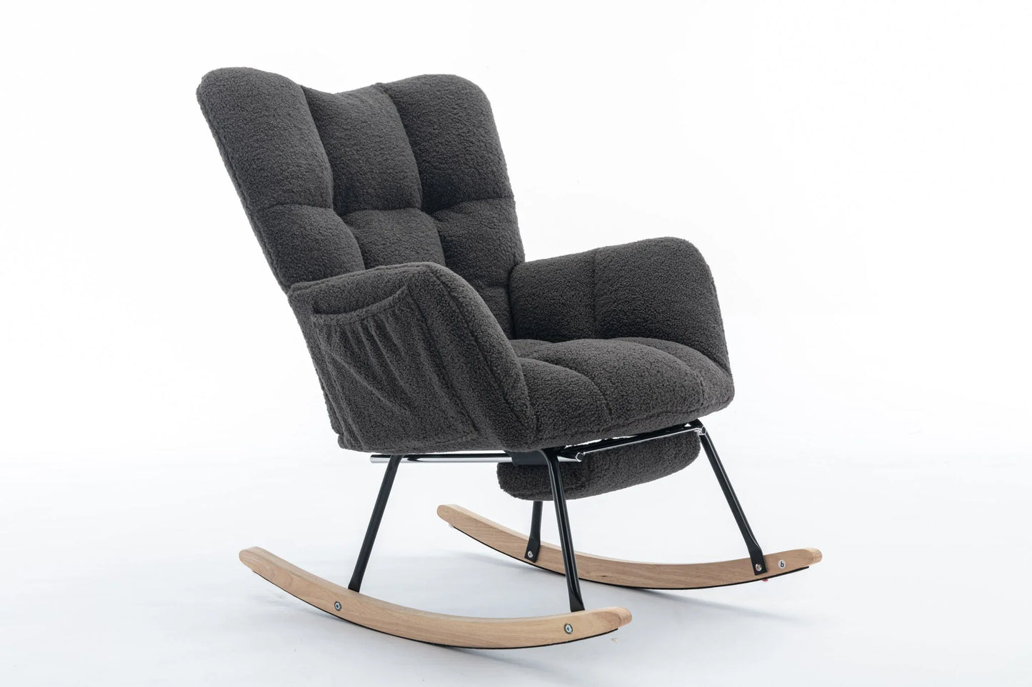 Teddy Fabric Leisure Rocking Chair With Adjustable Footstool, Nursery Rocking Chair, High Backrest, Storage Pocket On The Right Side, The Base Rocker Is Solid Wood And Metal, Dark Gray detail view 23