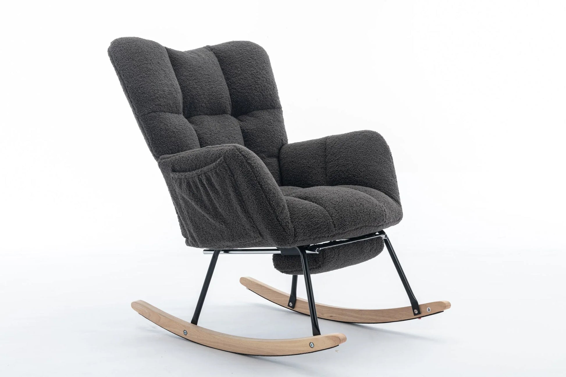 Teddy Fabric Leisure Rocking Chair With Adjustable Footstool, Nursery Rocking Chair, High Backrest, Storage Pocket On The Right Side, The Base Rocker Is Solid Wood And Metal, Dark Gray detail view 23