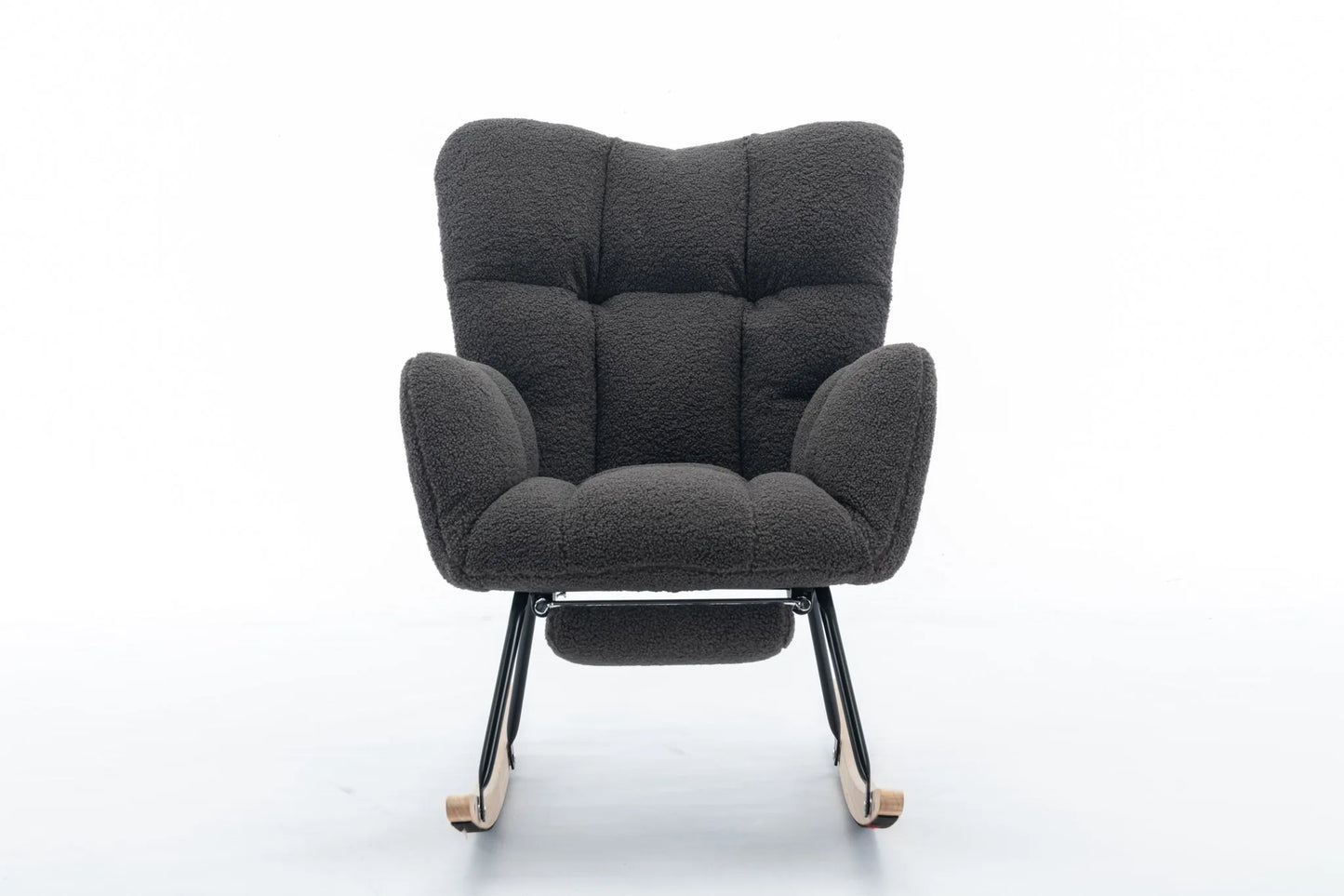Teddy Fabric Leisure Rocking Chair With Adjustable Footstool, Nursery Rocking Chair, High Backrest, Storage Pocket On The Right Side, The Base Rocker Is Solid Wood And Metal, Dark Gray detail view 24