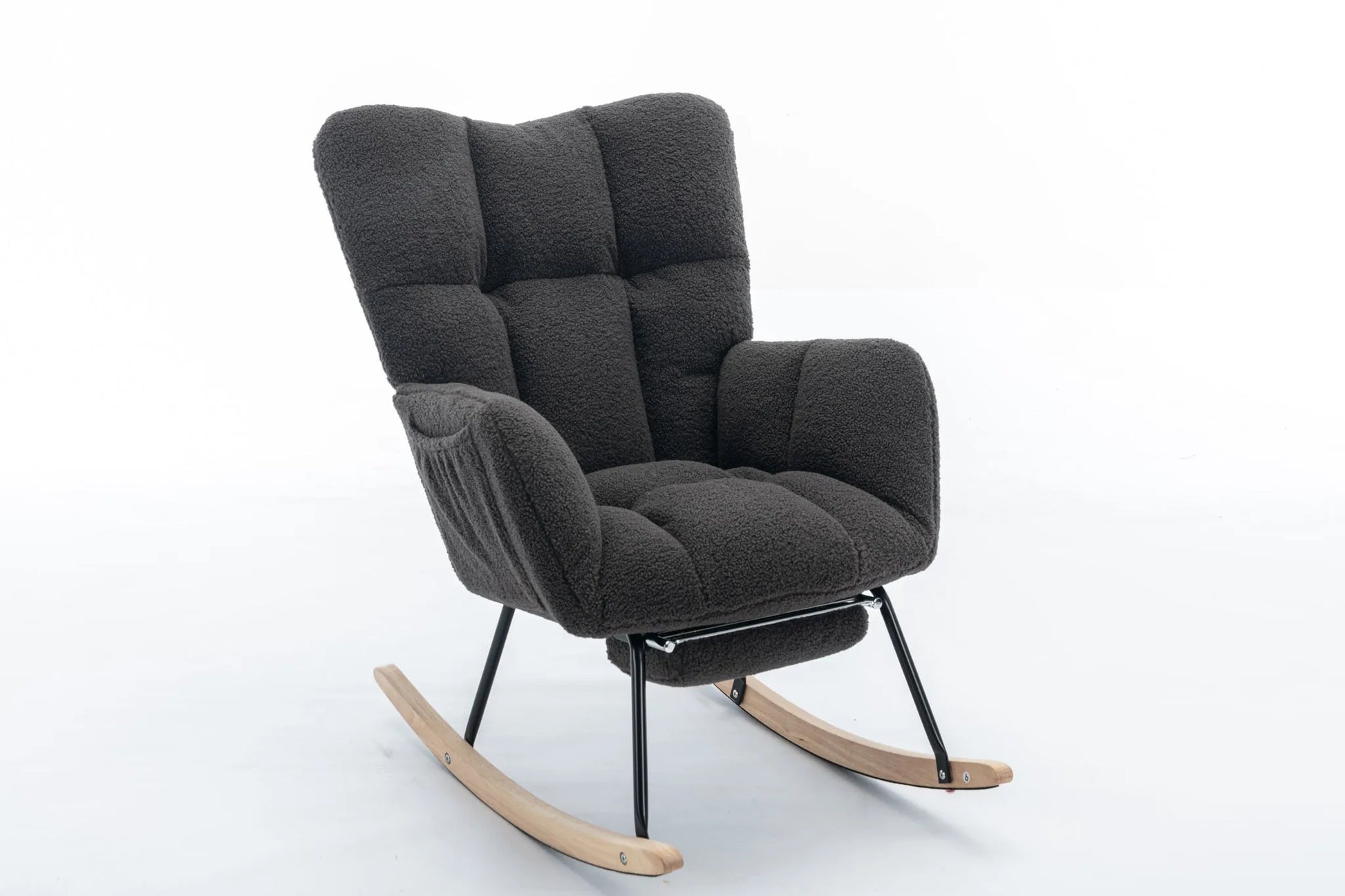 Teddy Fabric Leisure Rocking Chair With Adjustable Footstool, Nursery Rocking Chair, High Backrest, Storage Pocket On The Right Side, The Base Rocker Is Solid Wood And Metal, Dark Gray detail view 25