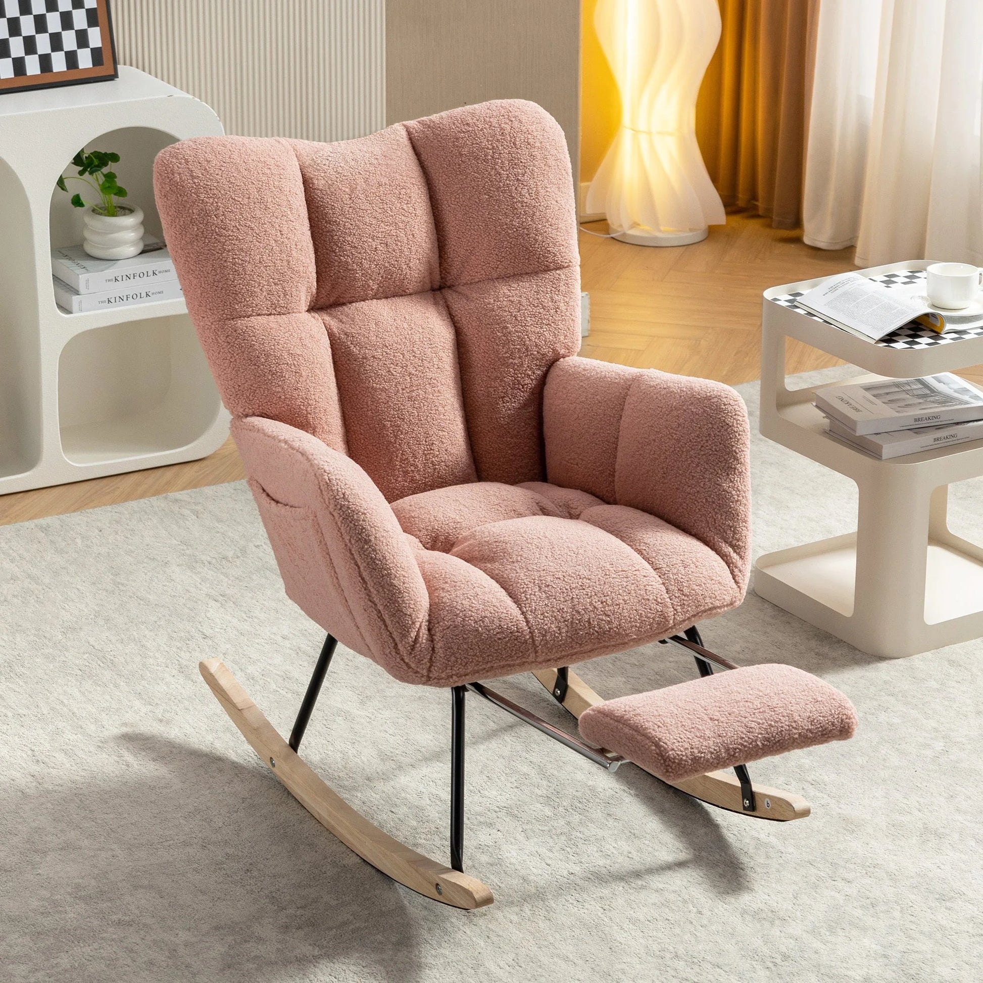 Teddy Fabric Leisure Rocking Chair With Adjustable Footstool, Nursery Rocking Chair, High Backrest, Storage Pocket On The Right Side, The Base Rocker Is Solid Wood And Metal, Dark Gray detail view 28