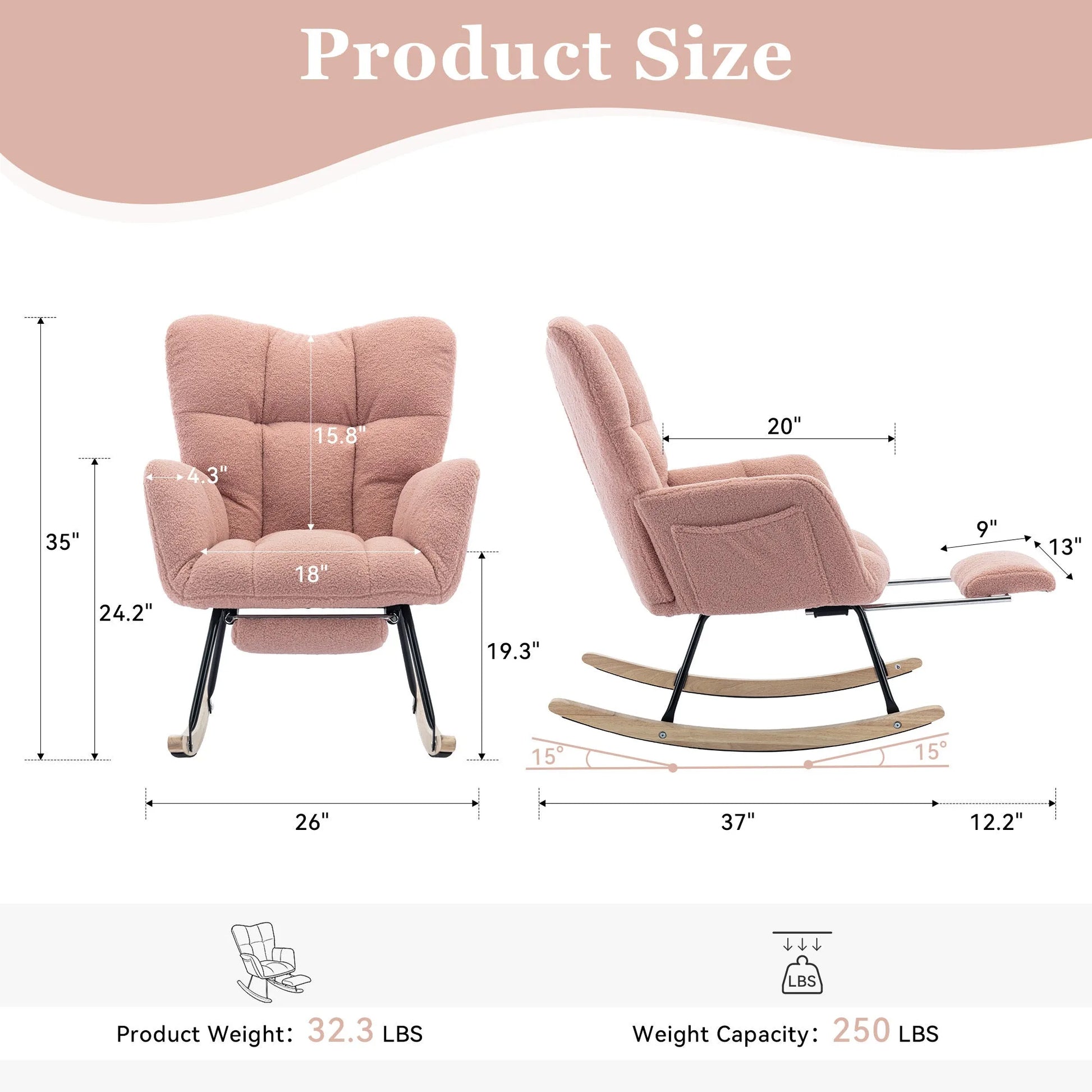 Teddy Fabric Leisure Rocking Chair With Adjustable Footstool, Nursery Rocking Chair, High Backrest, Storage Pocket On The Right Side, The Base Rocker Is Solid Wood And Metal, Dark Gray detail view 29