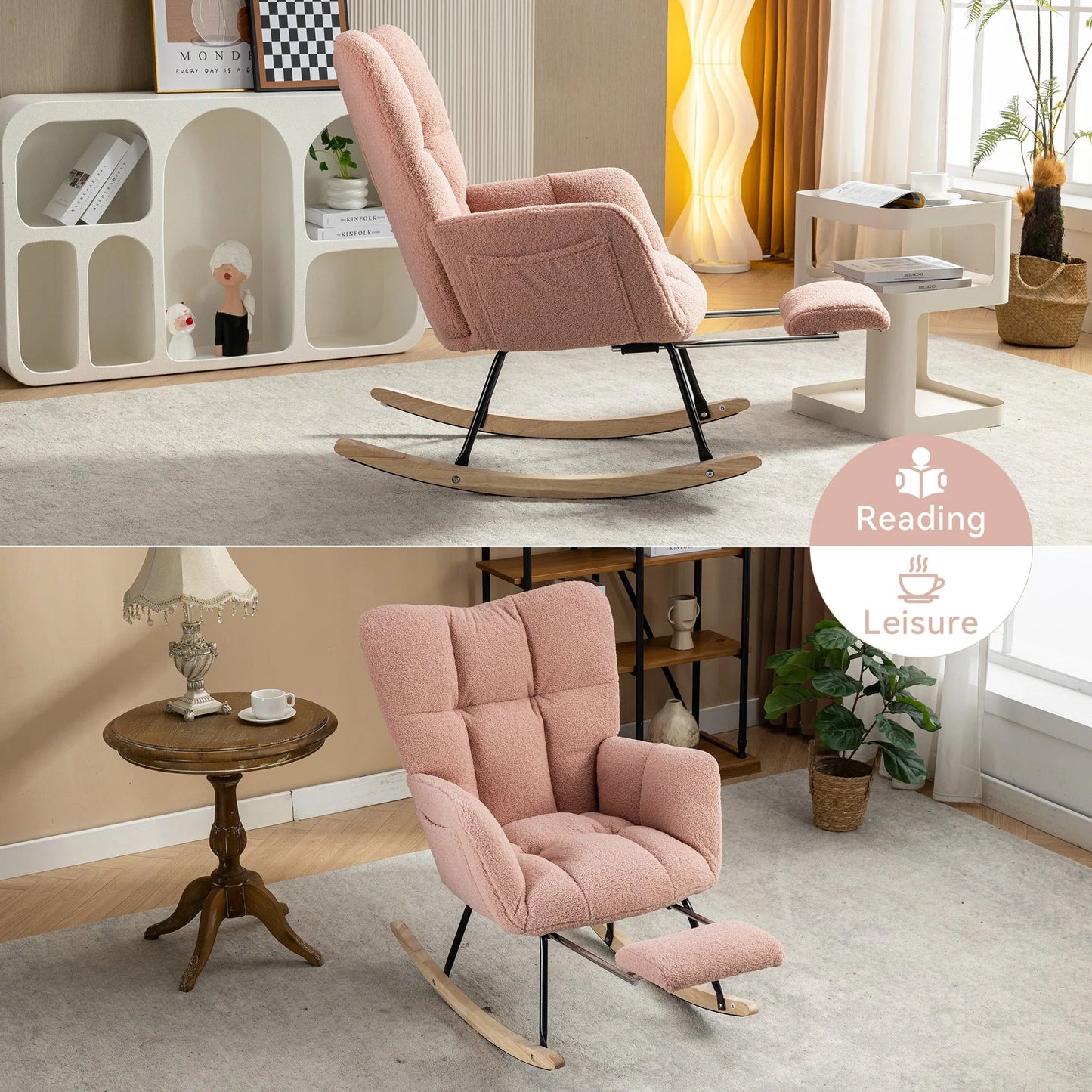 Teddy Fabric Leisure Rocking Chair With Adjustable Footstool, Nursery Rocking Chair, High Backrest, Storage Pocket On The Right Side, The Base Rocker Is Solid Wood And Metal, Dark Gray detail view 33