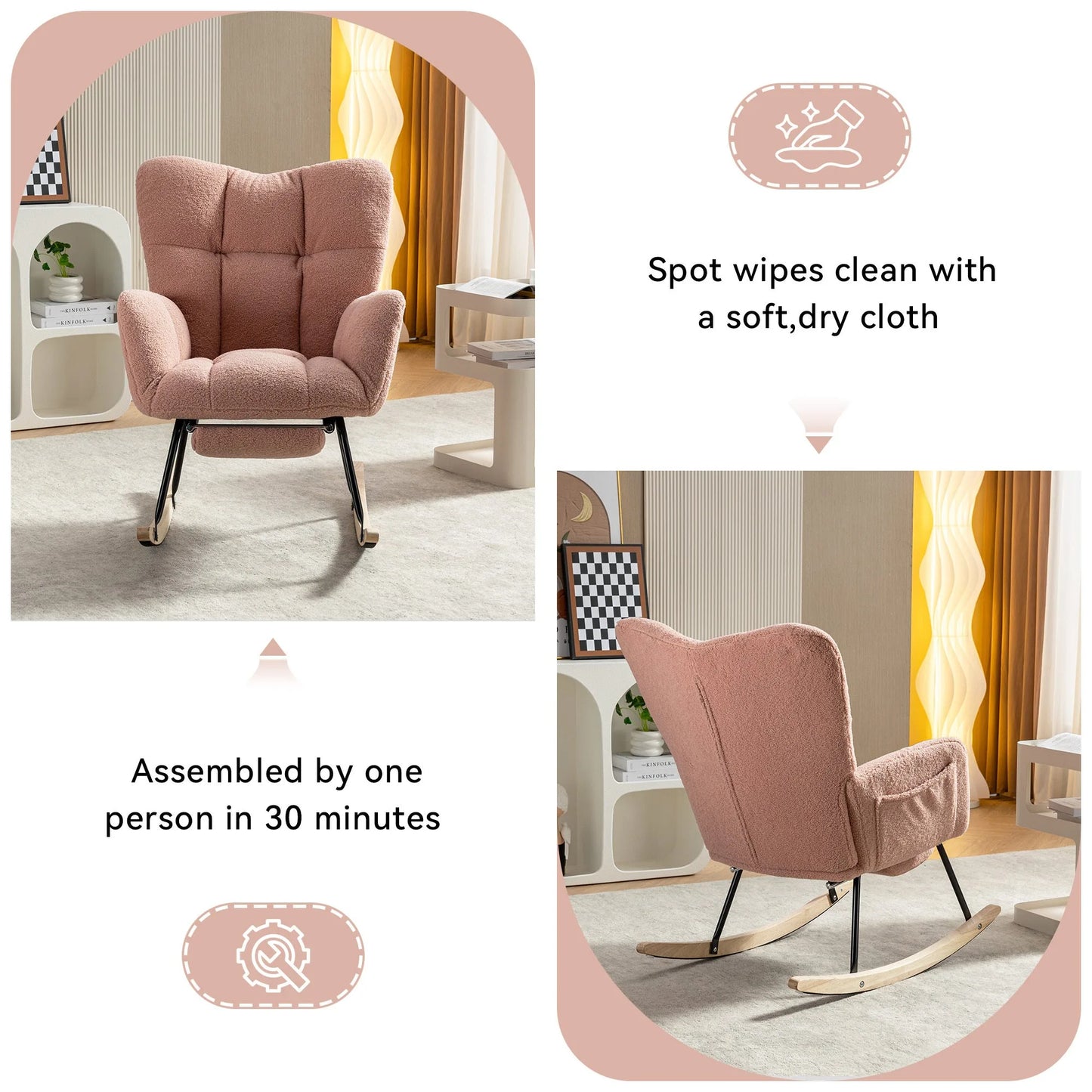 Teddy Fabric Leisure Rocking Chair With Adjustable Footstool, Nursery Rocking Chair, High Backrest, Storage Pocket On The Right Side, The Base Rocker Is Solid Wood And Metal, Dark Gray detail view 34