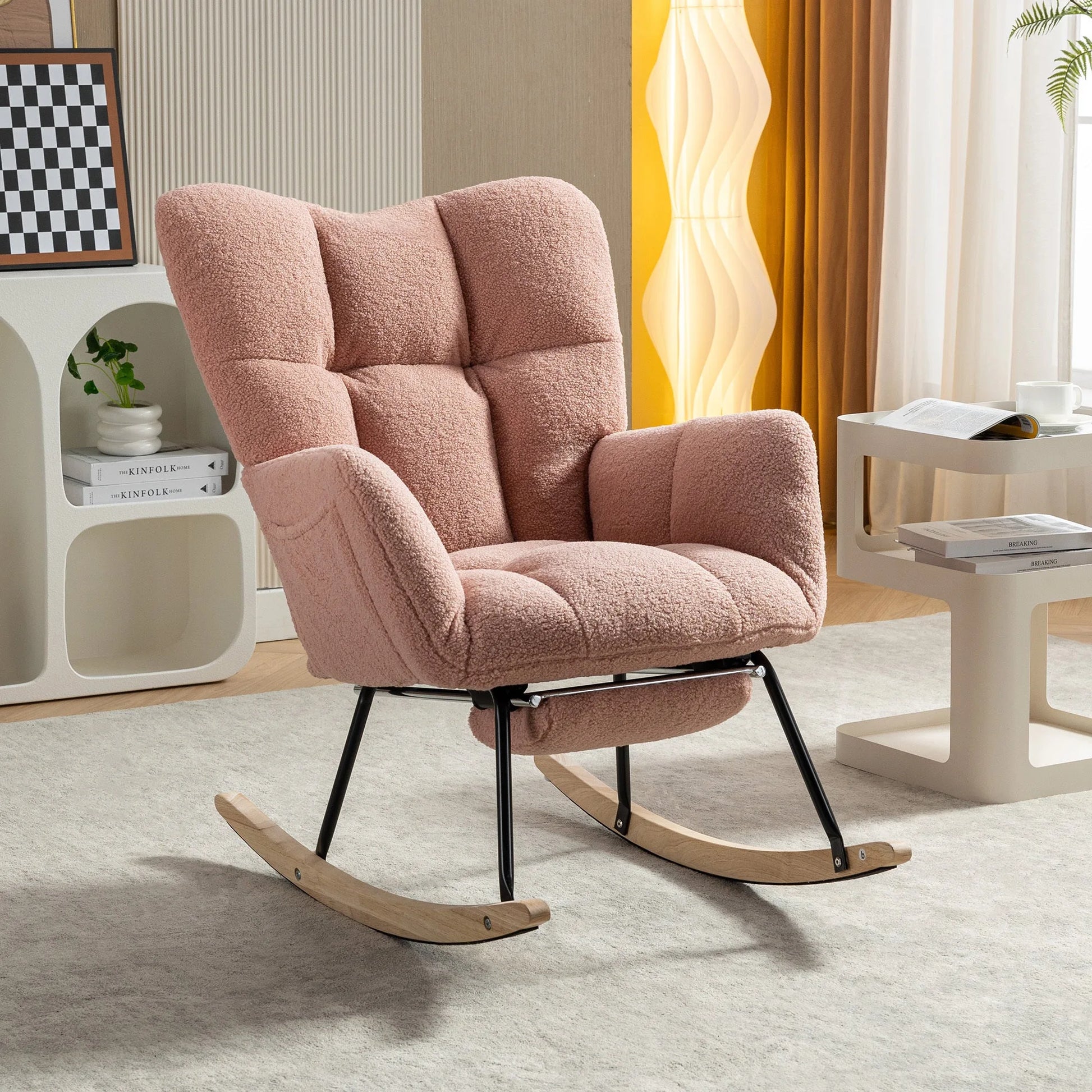 Teddy Fabric Leisure Rocking Chair With Adjustable Footstool, Nursery Rocking Chair, High Backrest, Storage Pocket On The Right Side, The Base Rocker Is Solid Wood And Metal, Dark Gray detail view 35
