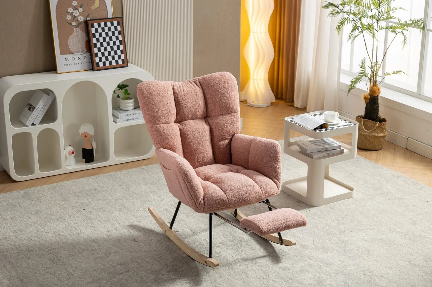 Teddy Fabric Leisure Rocking Chair With Adjustable Footstool, Nursery Rocking Chair, High Backrest, Storage Pocket On The Right Side, The Base Rocker Is Solid Wood And Metal, Dark Gray detail view 36