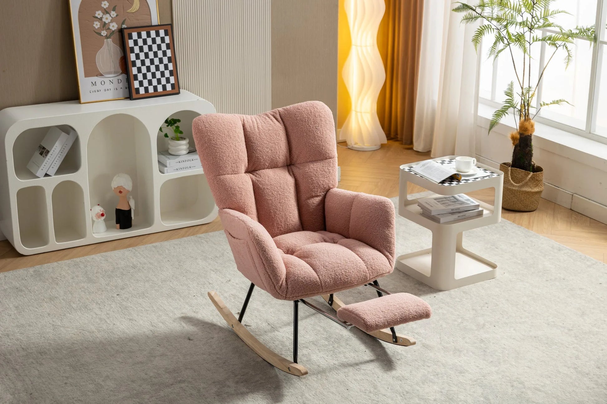 Teddy Fabric Leisure Rocking Chair With Adjustable Footstool, Nursery Rocking Chair, High Backrest, Storage Pocket On The Right Side, The Base Rocker Is Solid Wood And Metal, Dark Gray detail view 36