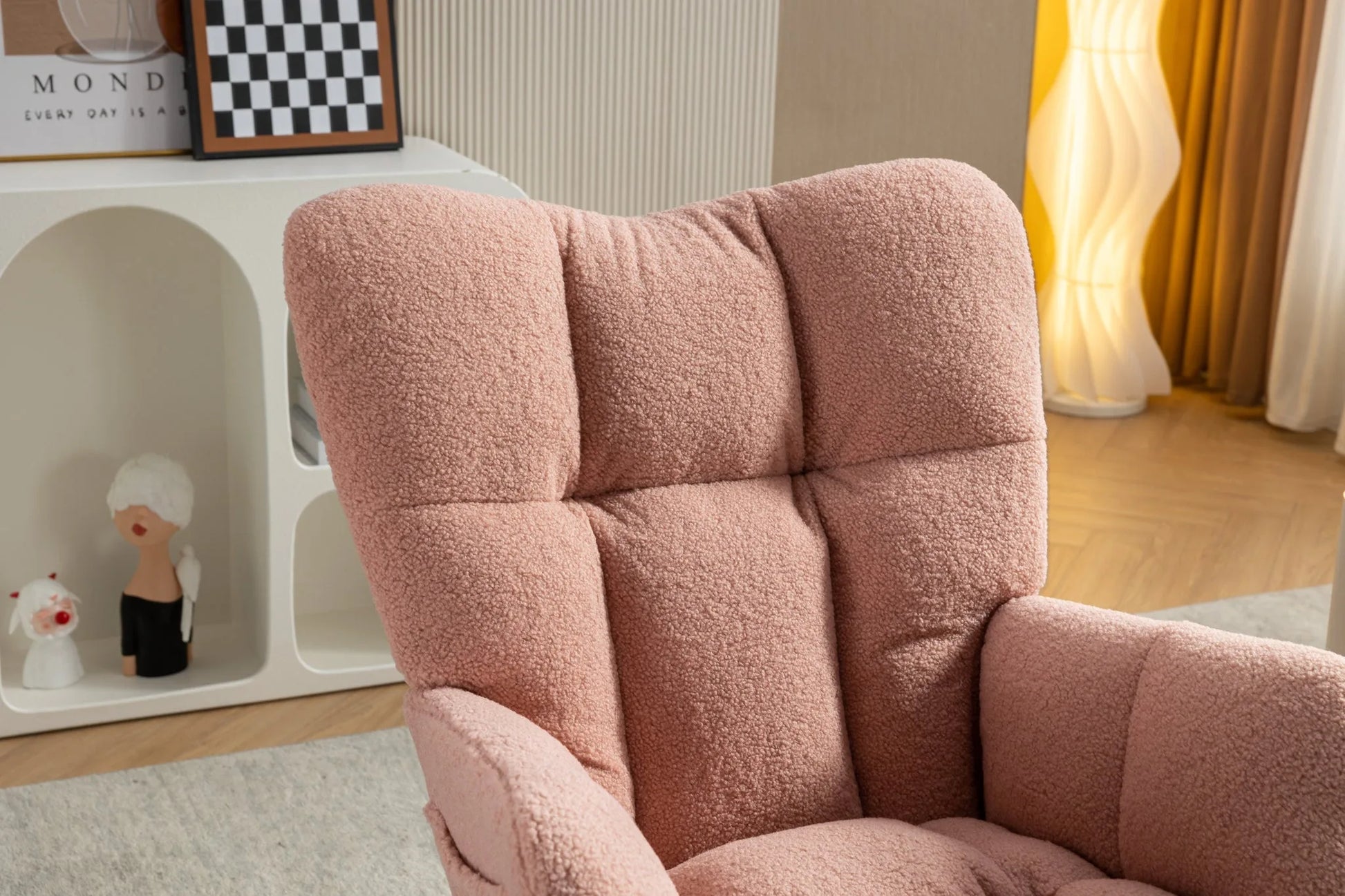 Teddy Fabric Leisure Rocking Chair With Adjustable Footstool, Nursery Rocking Chair, High Backrest, Storage Pocket On The Right Side, The Base Rocker Is Solid Wood And Metal, Dark Gray detail view 38