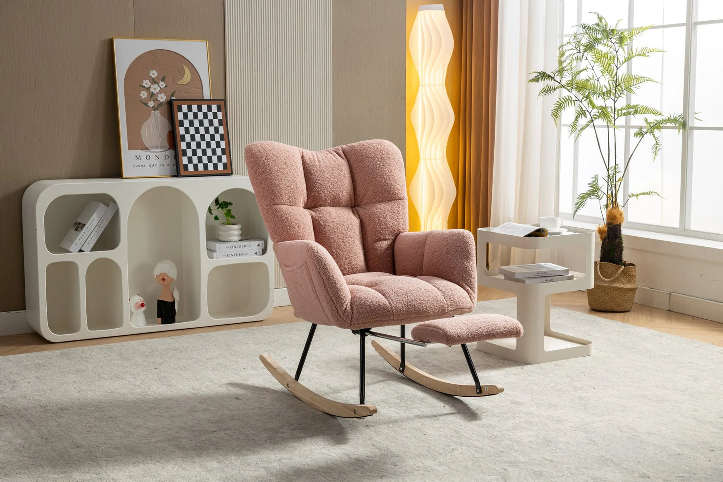 Teddy Fabric Leisure Rocking Chair With Adjustable Footstool, Nursery Rocking Chair, High Backrest, Storage Pocket On The Right Side, The Base Rocker Is Solid Wood And Metal, Dark Gray detail view 39