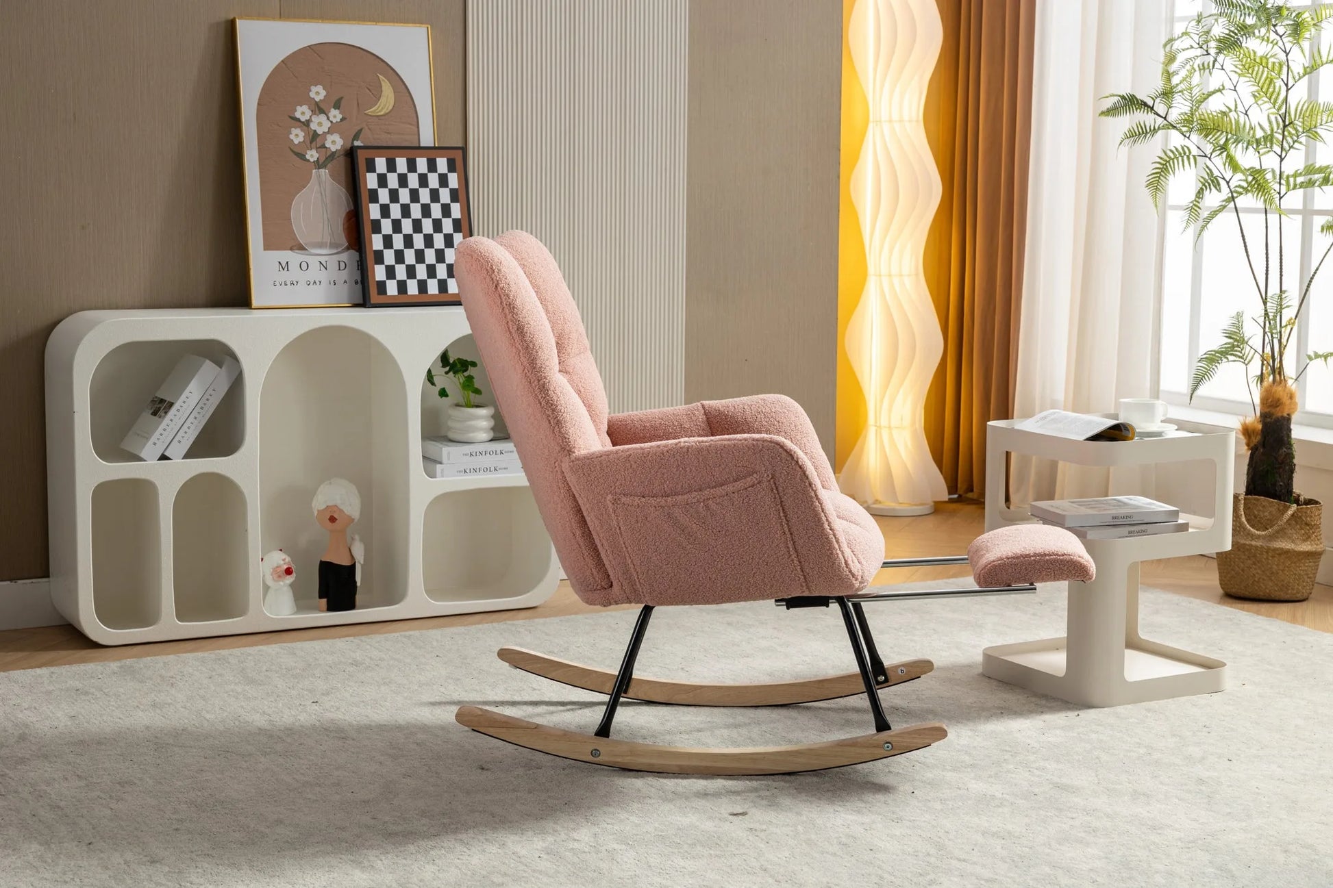 Teddy Fabric Leisure Rocking Chair With Adjustable Footstool, Nursery Rocking Chair, High Backrest, Storage Pocket On The Right Side, The Base Rocker Is Solid Wood And Metal, Dark Gray detail view 40
