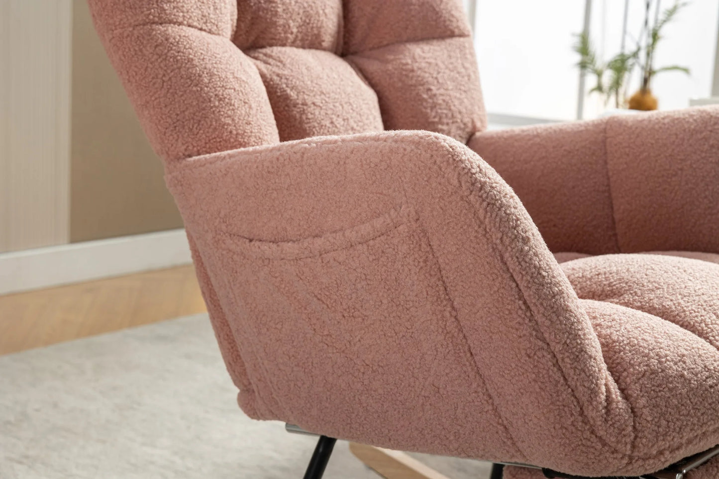 Teddy Fabric Leisure Rocking Chair With Adjustable Footstool, Nursery Rocking Chair, High Backrest, Storage Pocket On The Right Side, The Base Rocker Is Solid Wood And Metal, Dark Gray detail view 41