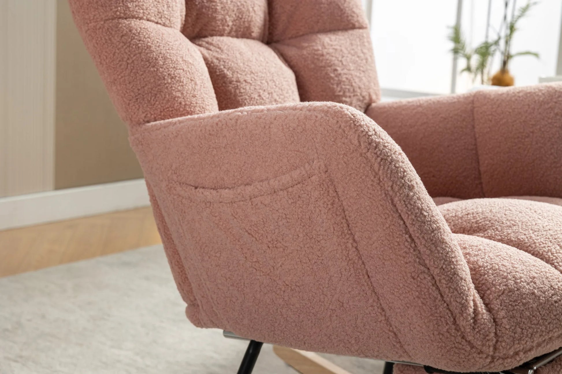 Teddy Fabric Leisure Rocking Chair With Adjustable Footstool, Nursery Rocking Chair, High Backrest, Storage Pocket On The Right Side, The Base Rocker Is Solid Wood And Metal, Dark Gray detail view 41